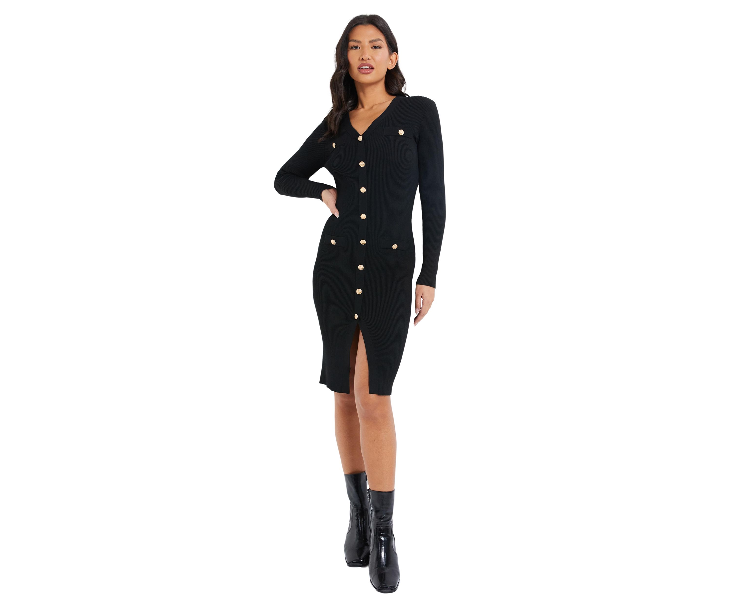 Womens Long Sleeve V-Neck Solid Slim Bodycon Dress