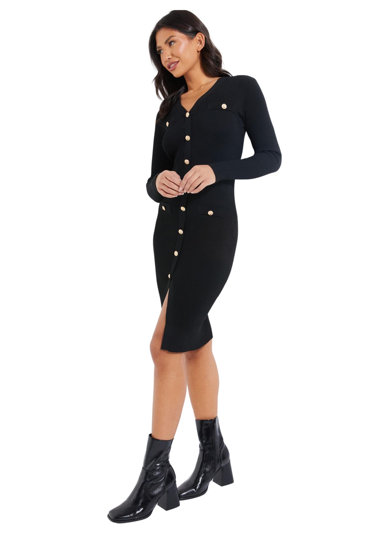Womens Long Sleeve V-Neck Solid Slim Bodycon Dress