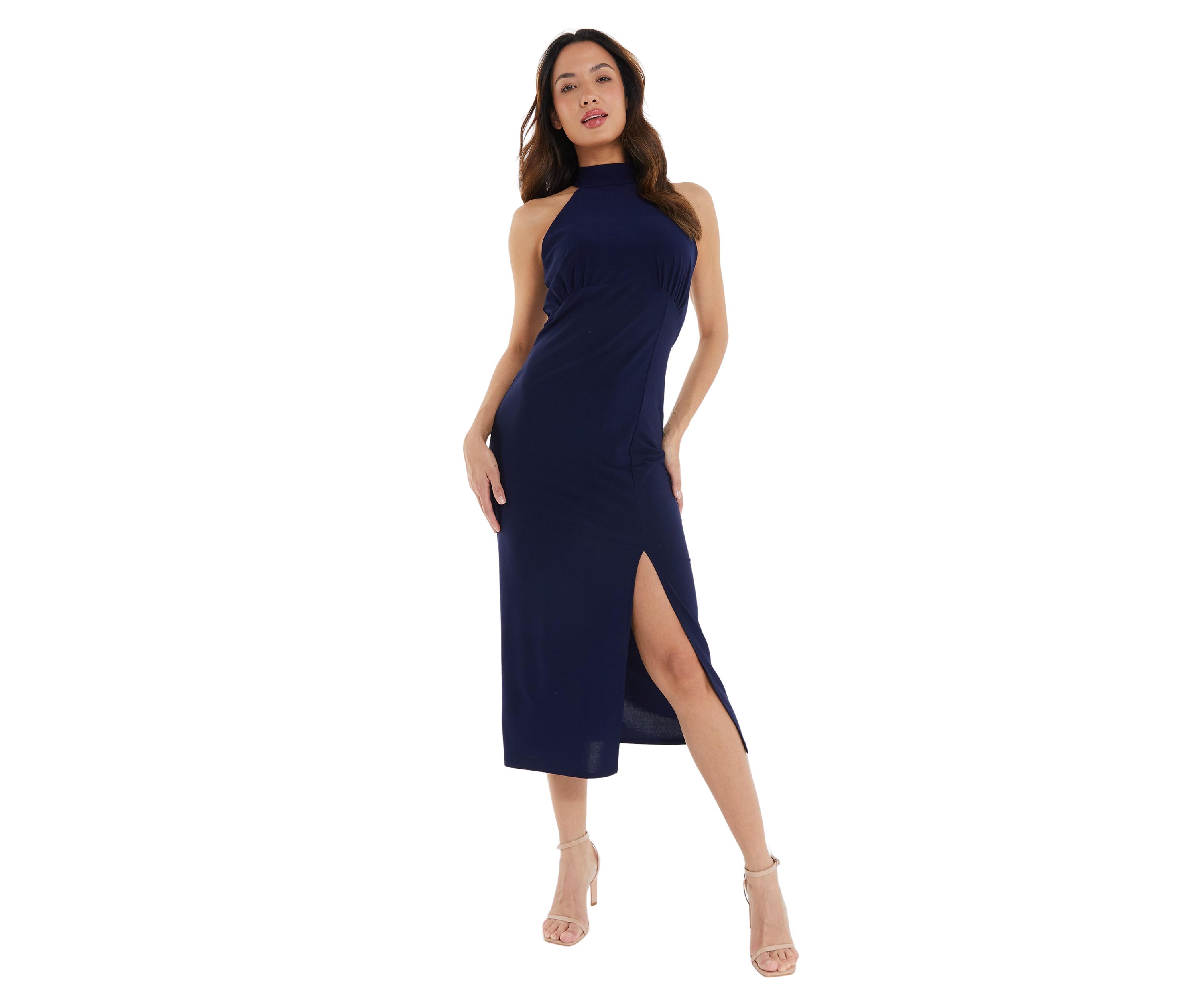 Womens Navy Silky High Neck RUched Bust Midi Dress