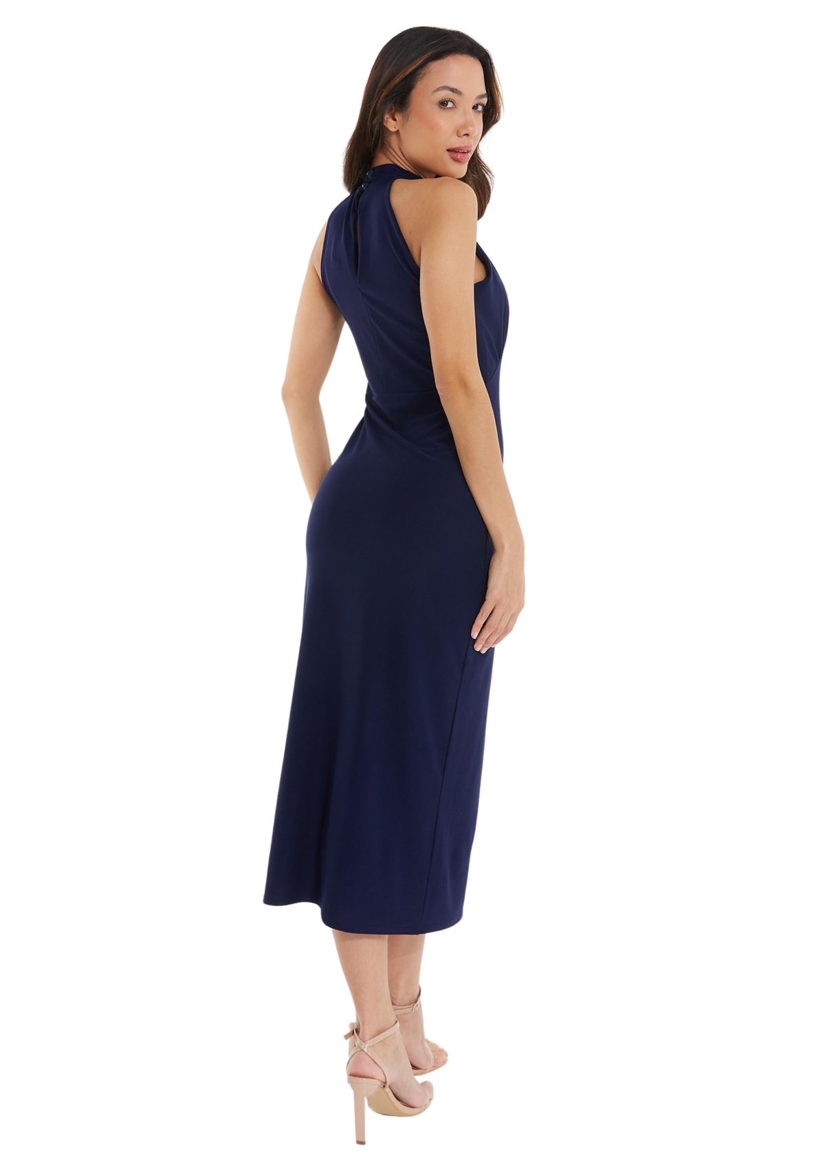Womens Navy Silky High Neck RUched Bust Midi Dress
