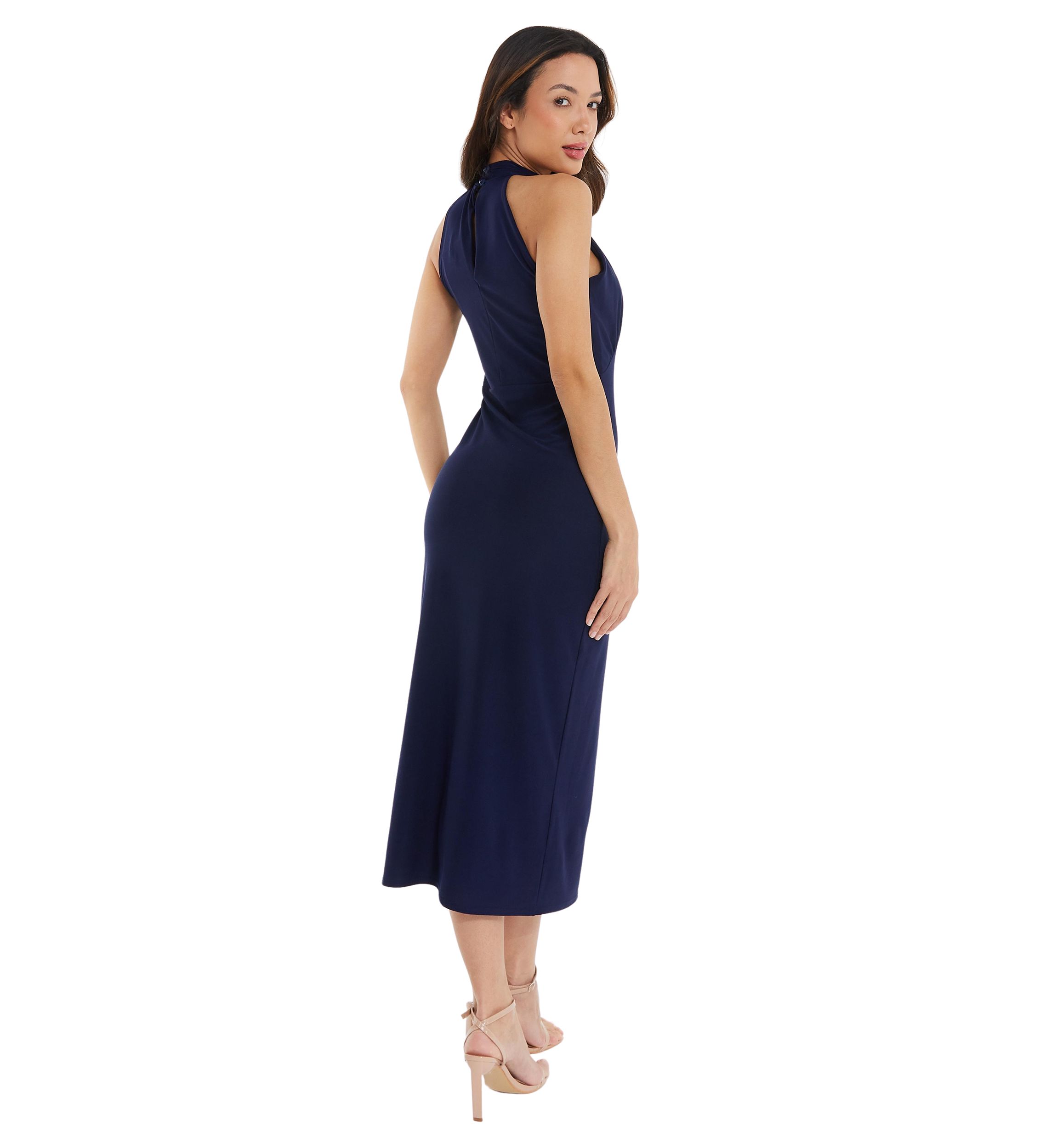 Womens Navy Silky High Neck RUched Bust Midi Dress