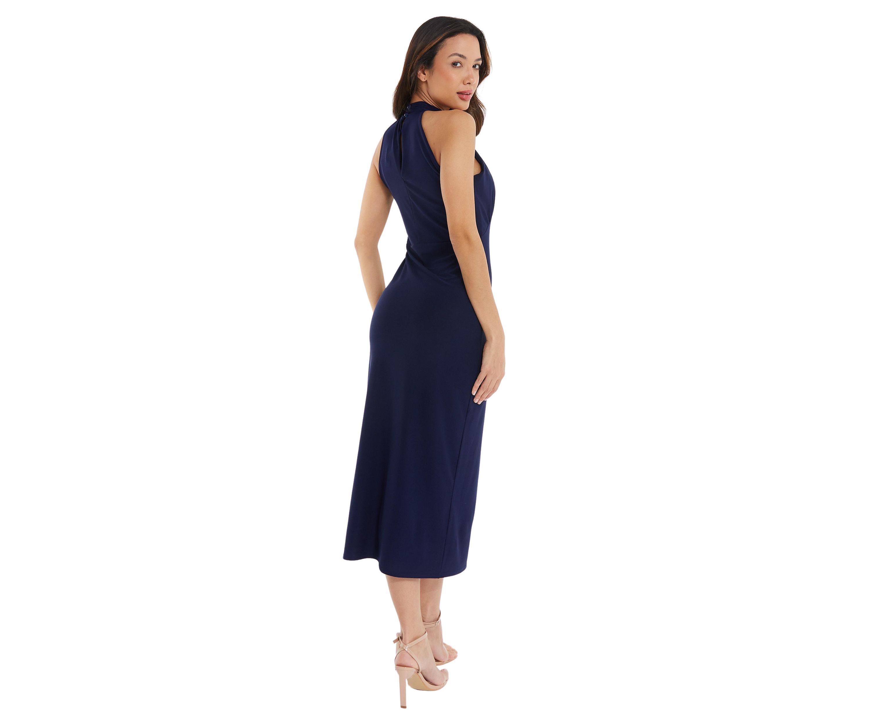 Womens Navy Silky High Neck RUched Bust Midi Dress