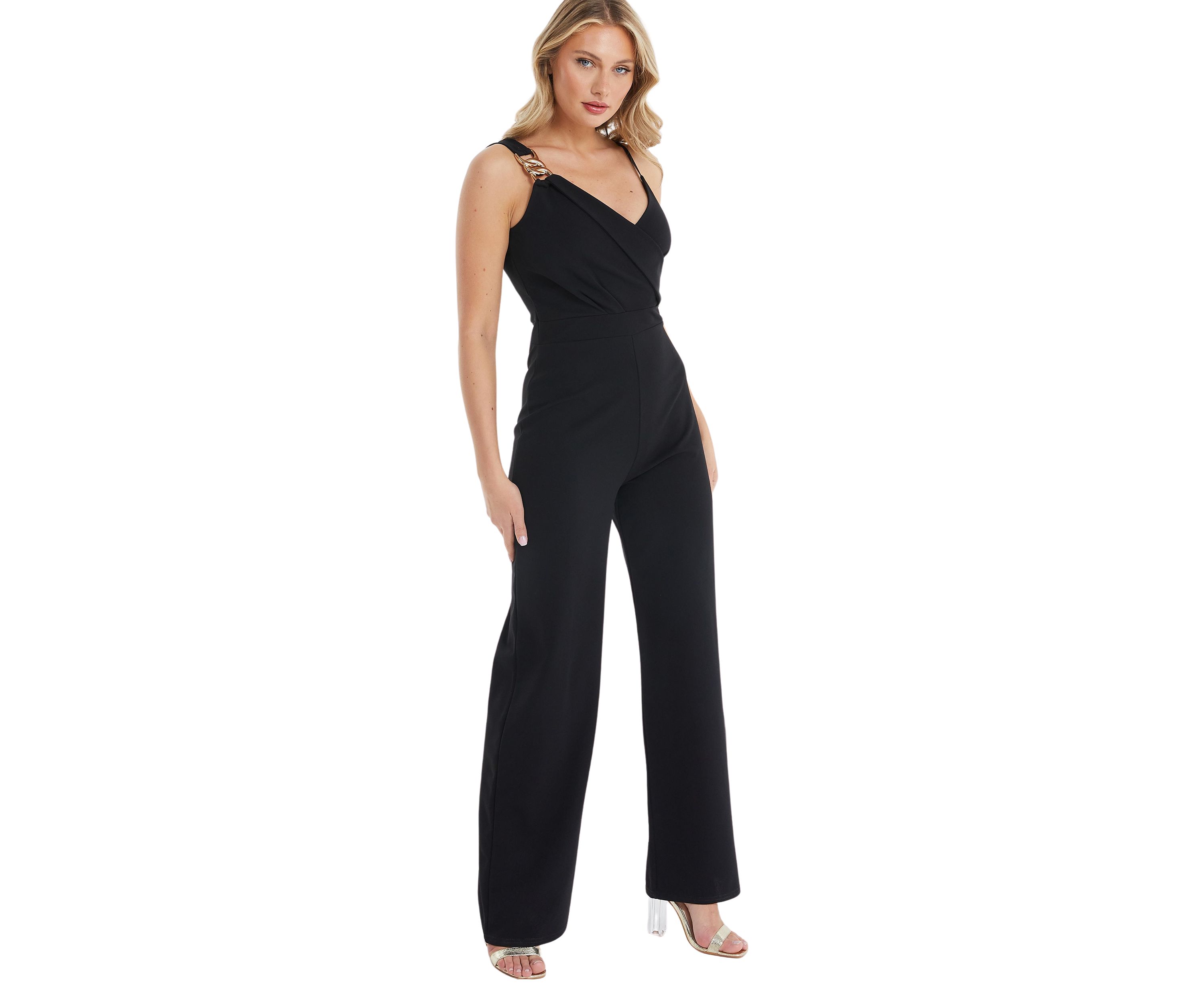Womens Black Chain Front Wrap Palazzo Jumpsuit 