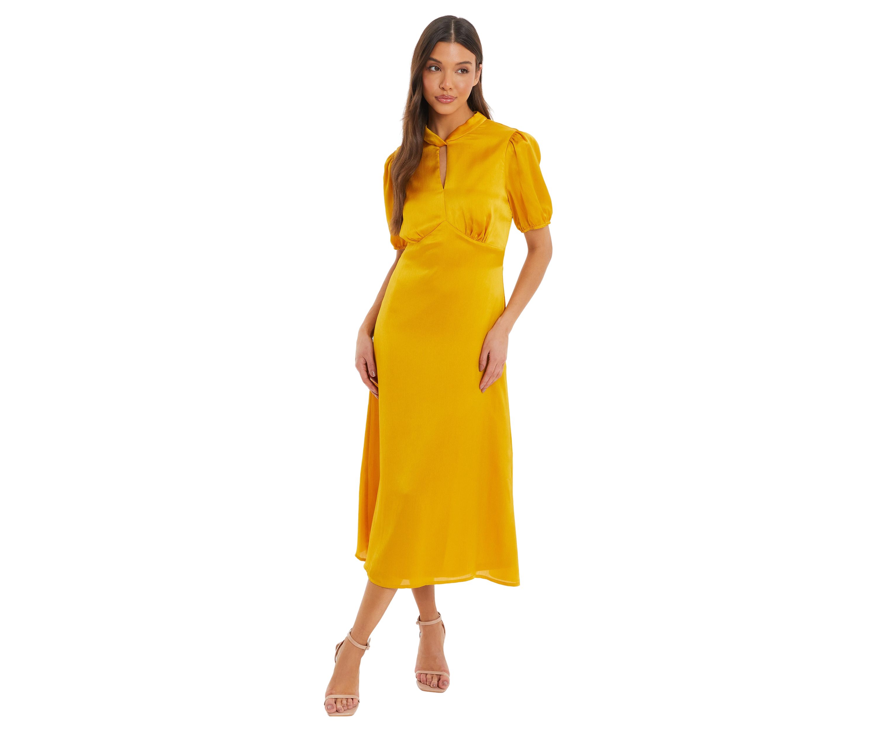 Womens Mustard Satin High Neck Midi Dress