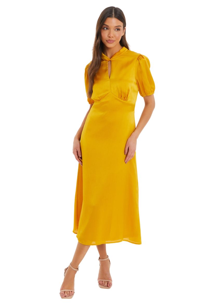 Womens Mustard Satin High Neck Midi Dress