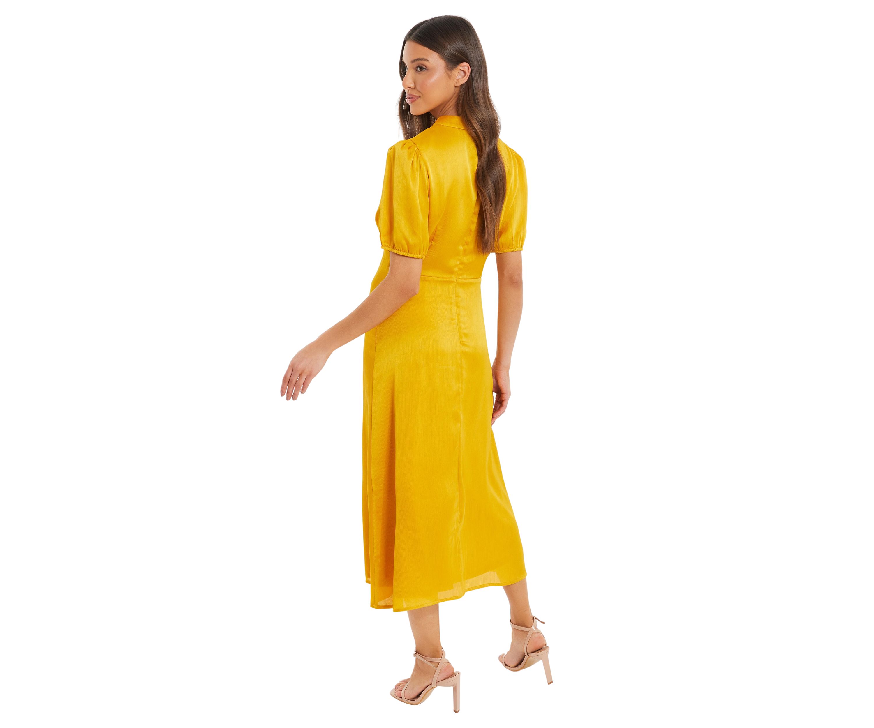 Womens Mustard Satin High Neck Midi Dress