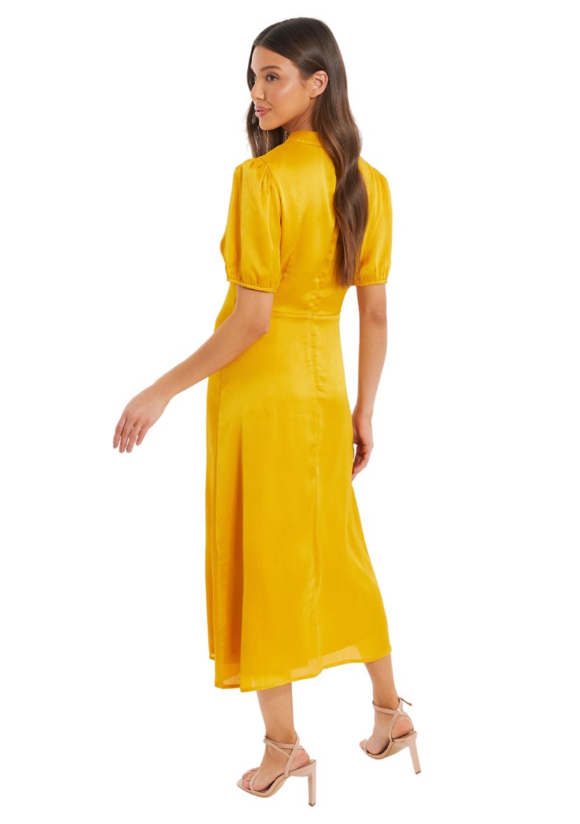 Womens Mustard Satin High Neck Midi Dress