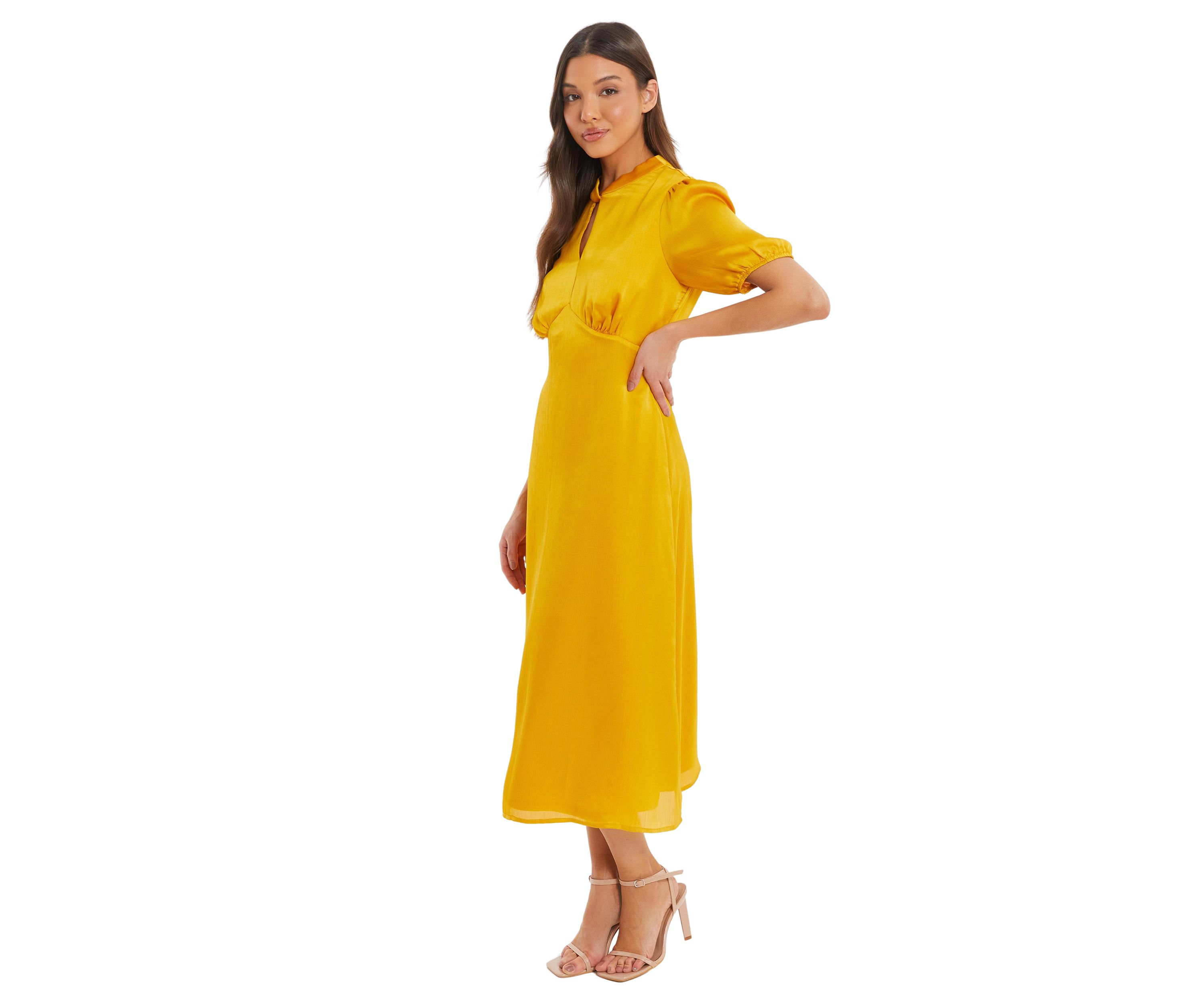 Womens Mustard Satin High Neck Midi Dress