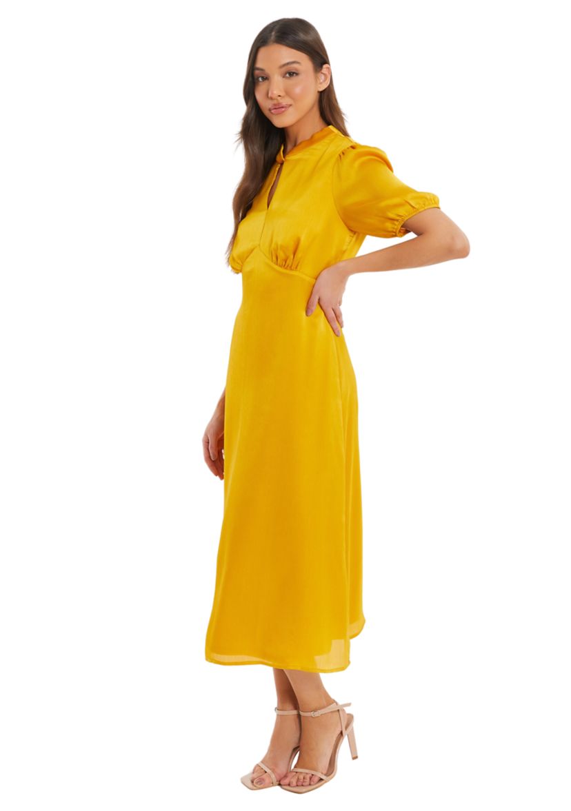 Womens Mustard Satin High Neck Midi Dress