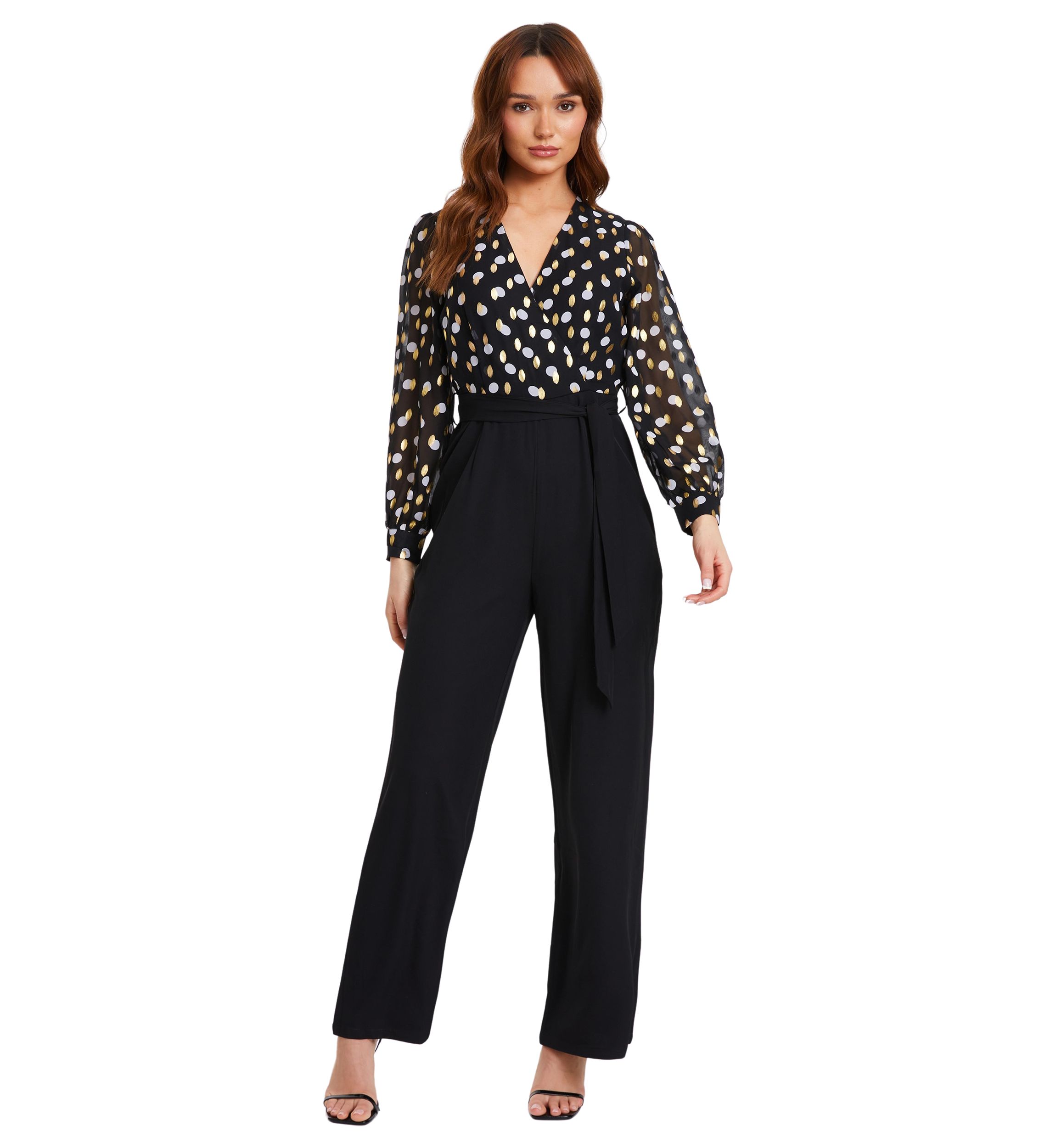Womens Black, Gold, and White Polka Dot Chiffon Wrap Jumpsuit 