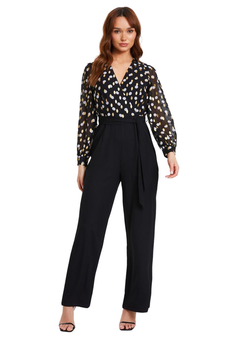 Womens Black, Gold, and White Polka Dot Chiffon Wrap Jumpsuit 