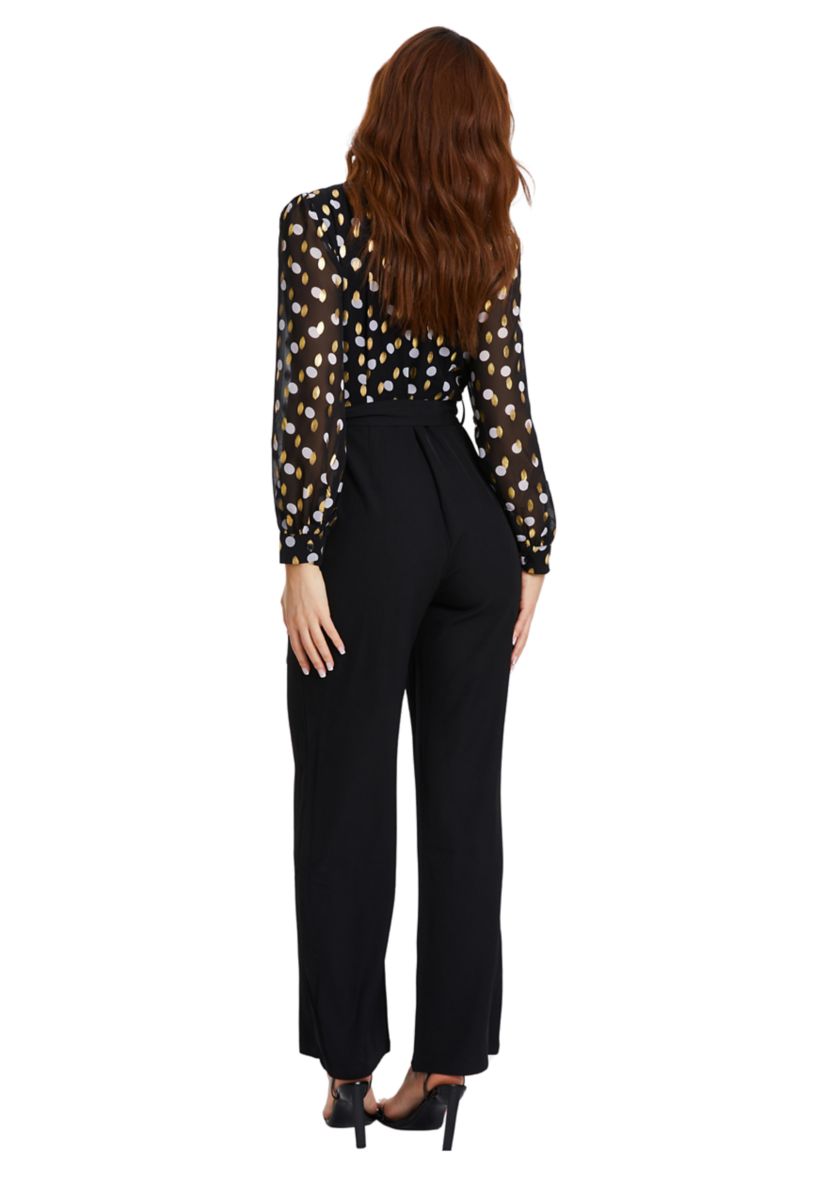Womens Black, Gold, and White Polka Dot Chiffon Wrap Jumpsuit 