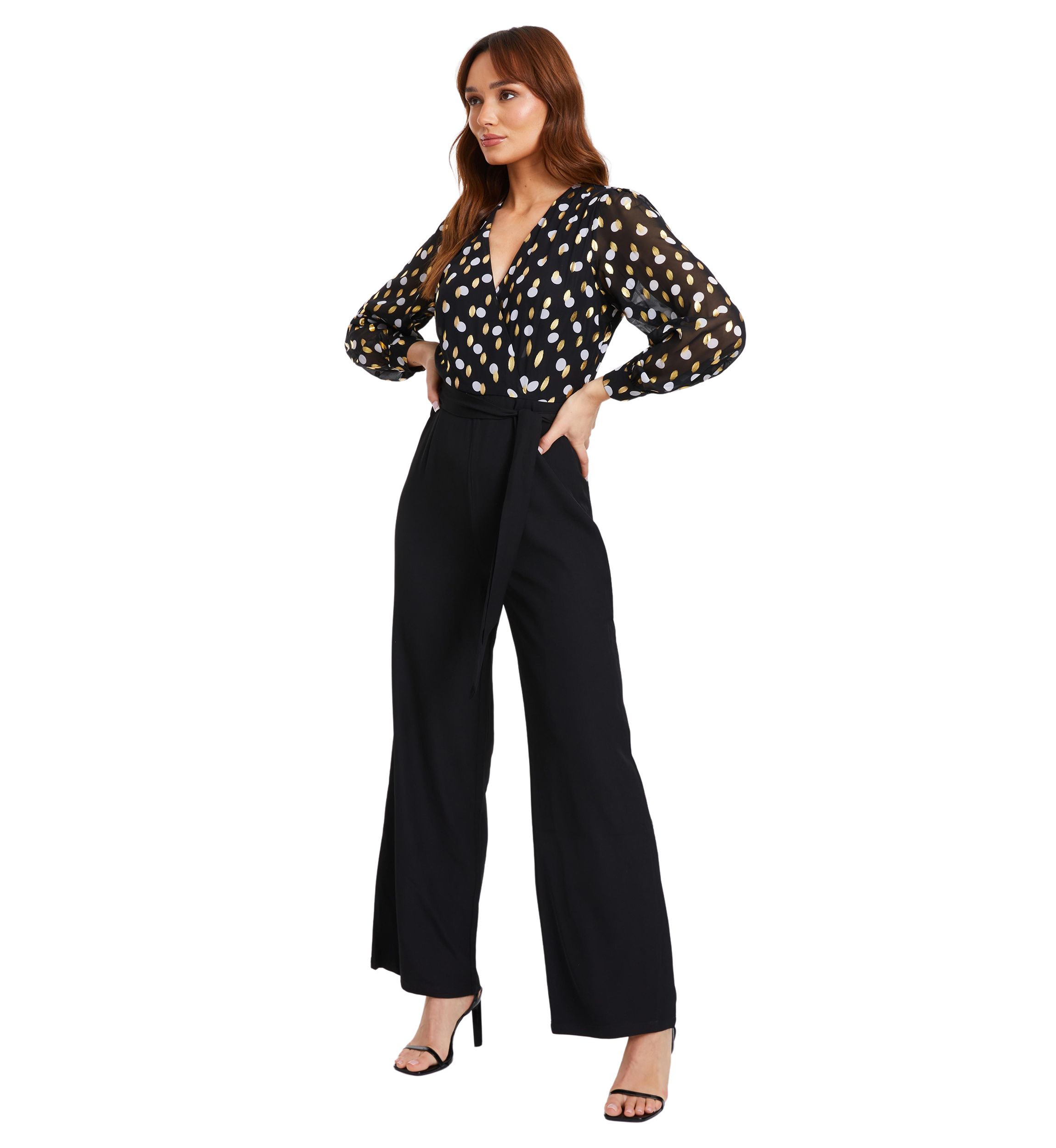 Womens Black, Gold, and White Polka Dot Chiffon Wrap Jumpsuit 