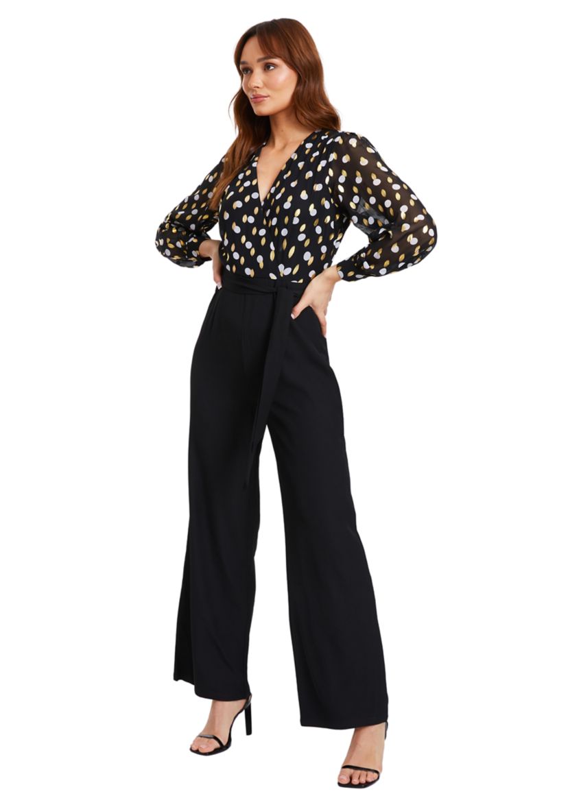 Womens Black, Gold, and White Polka Dot Chiffon Wrap Jumpsuit 