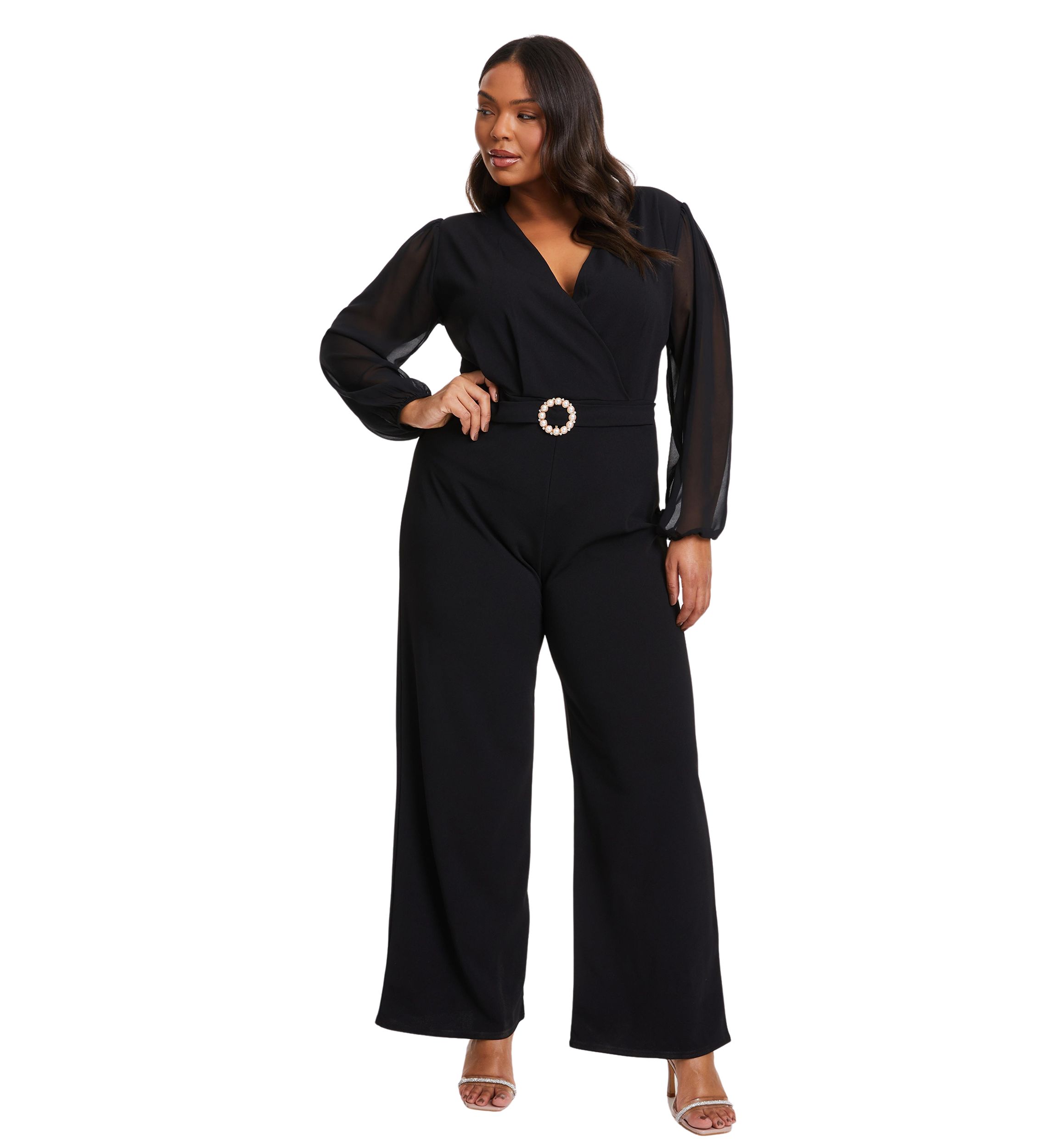 Womens Chiffon Sleeve Belted Jumpsuit 