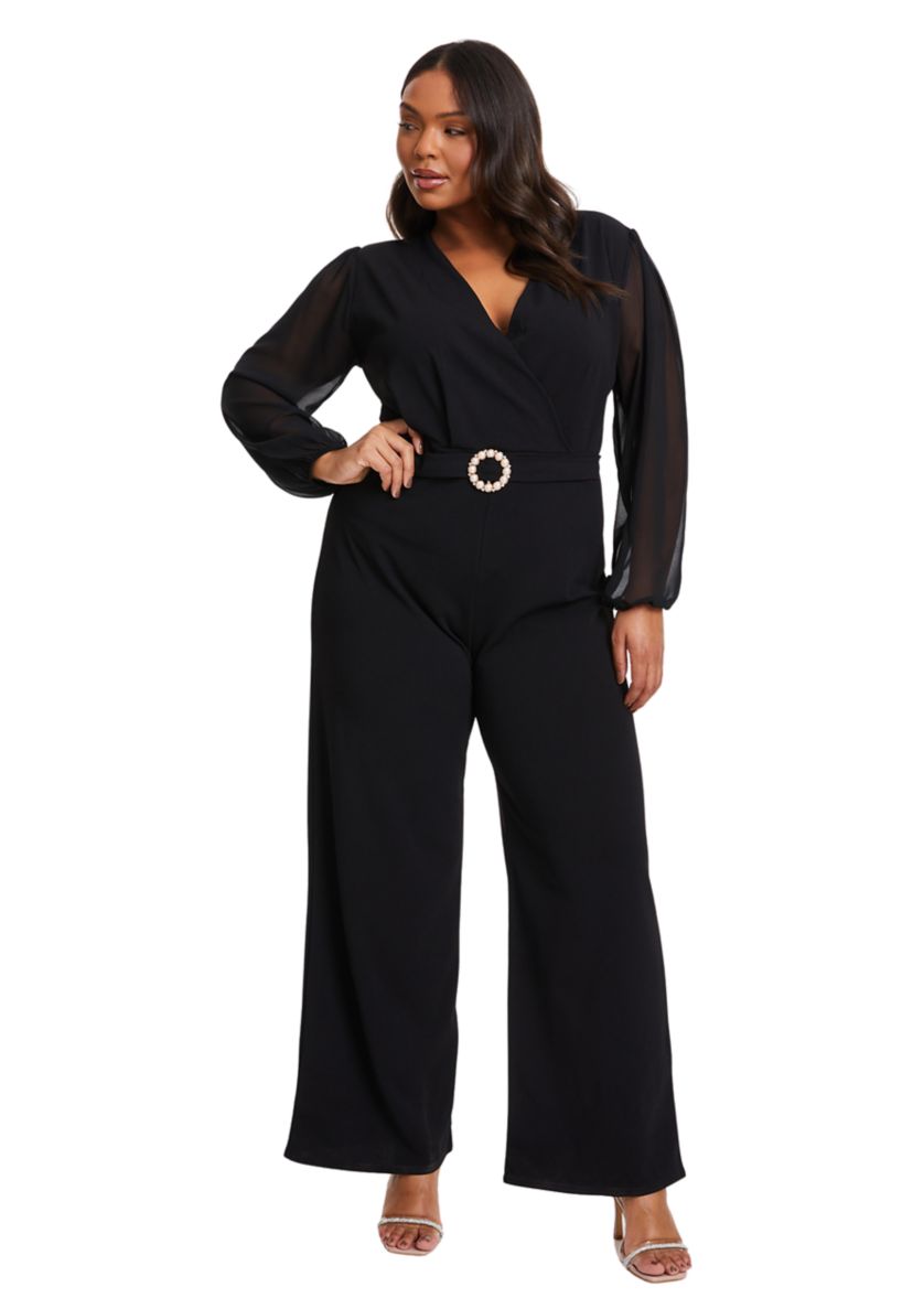 Womens Chiffon Sleeve Belted Jumpsuit 