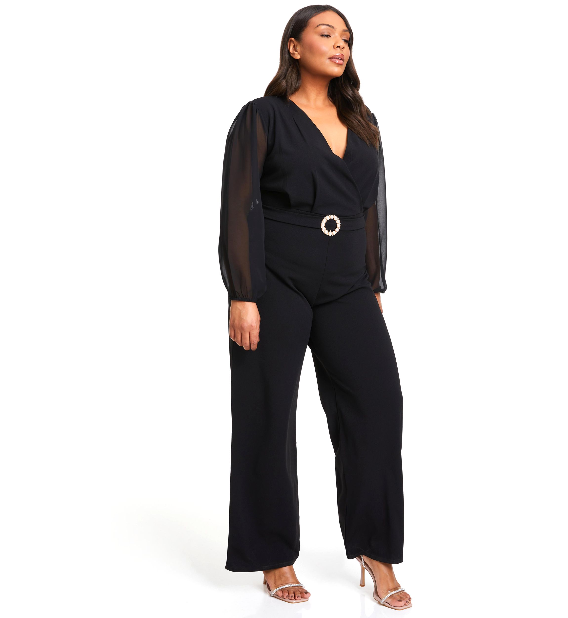Womens Chiffon Sleeve Belted Jumpsuit 