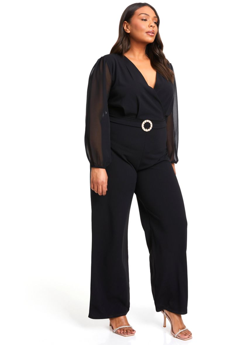 Womens Chiffon Sleeve Belted Jumpsuit 