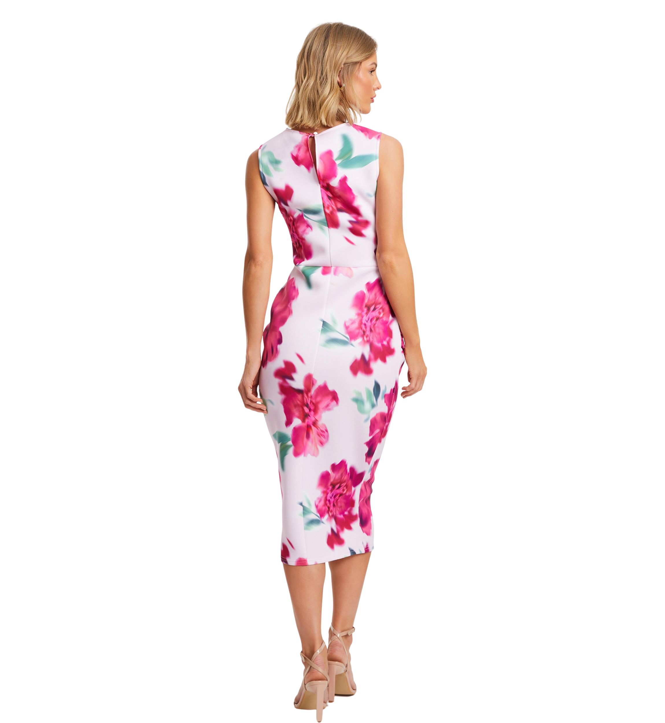 Womens Scuba Crepe Floral Round Neck Midi Dress