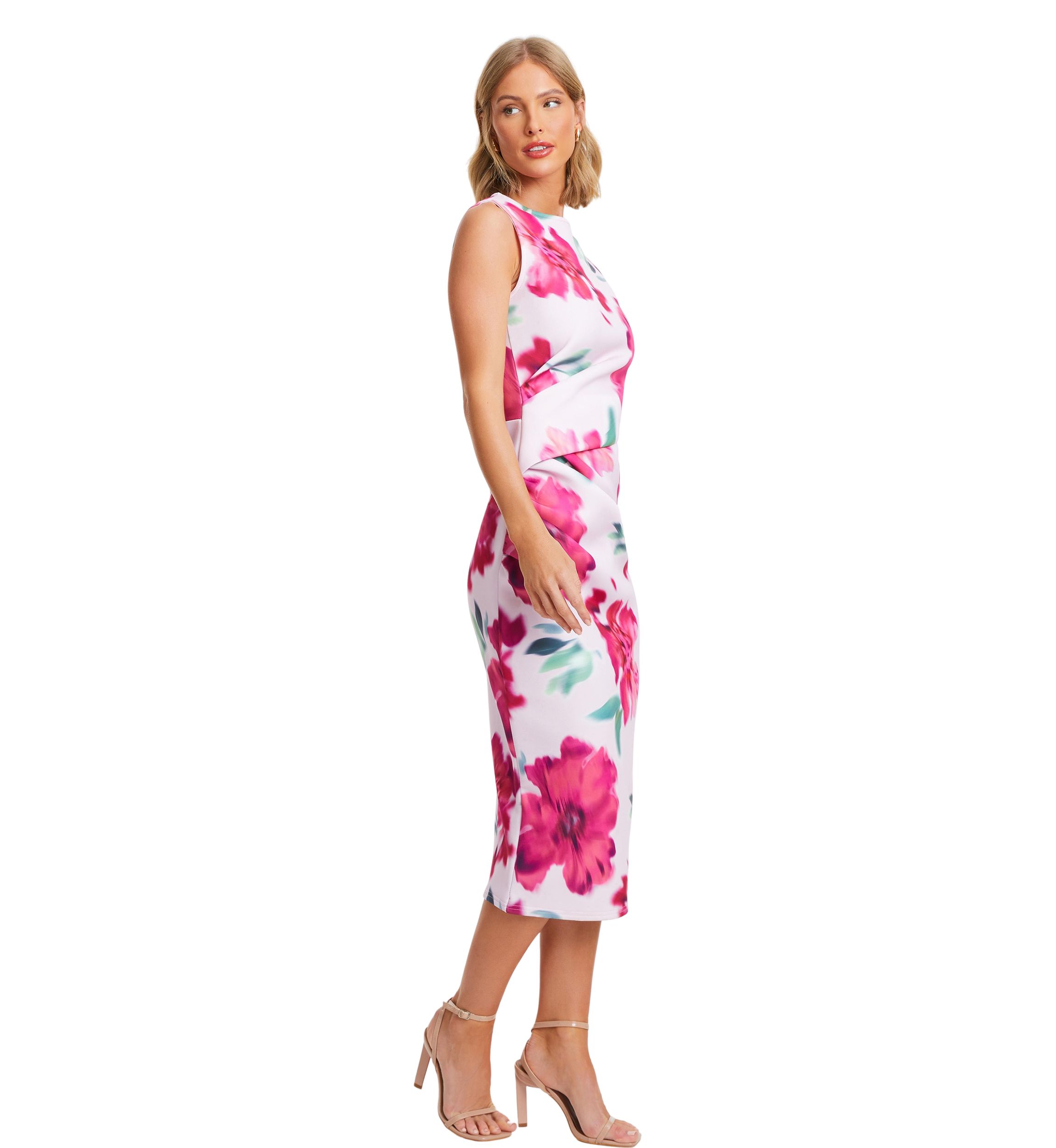 Womens Scuba Crepe Floral Round Neck Midi Dress