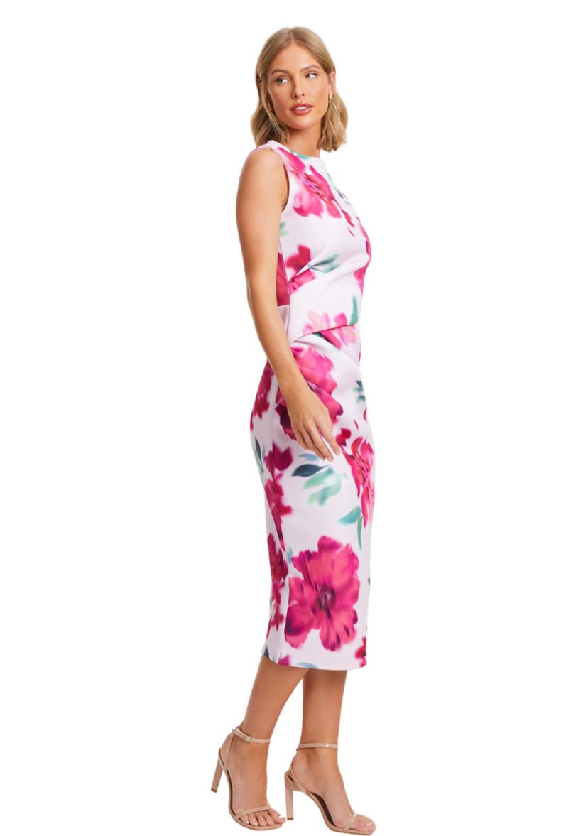 Womens Scuba Crepe Floral Round Neck Midi Dress