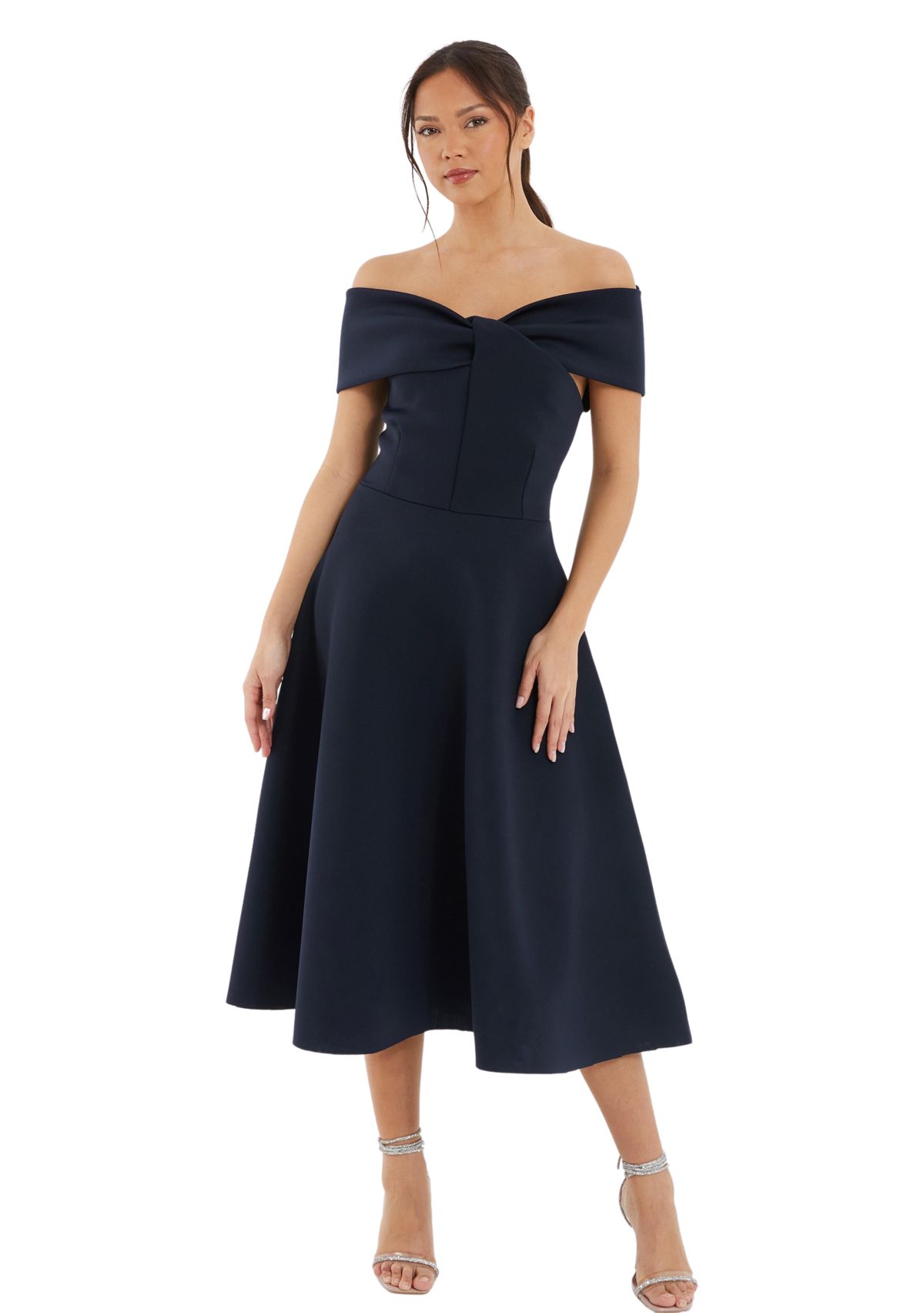 Womens Scuba Twist Front Bardot Skater Dress