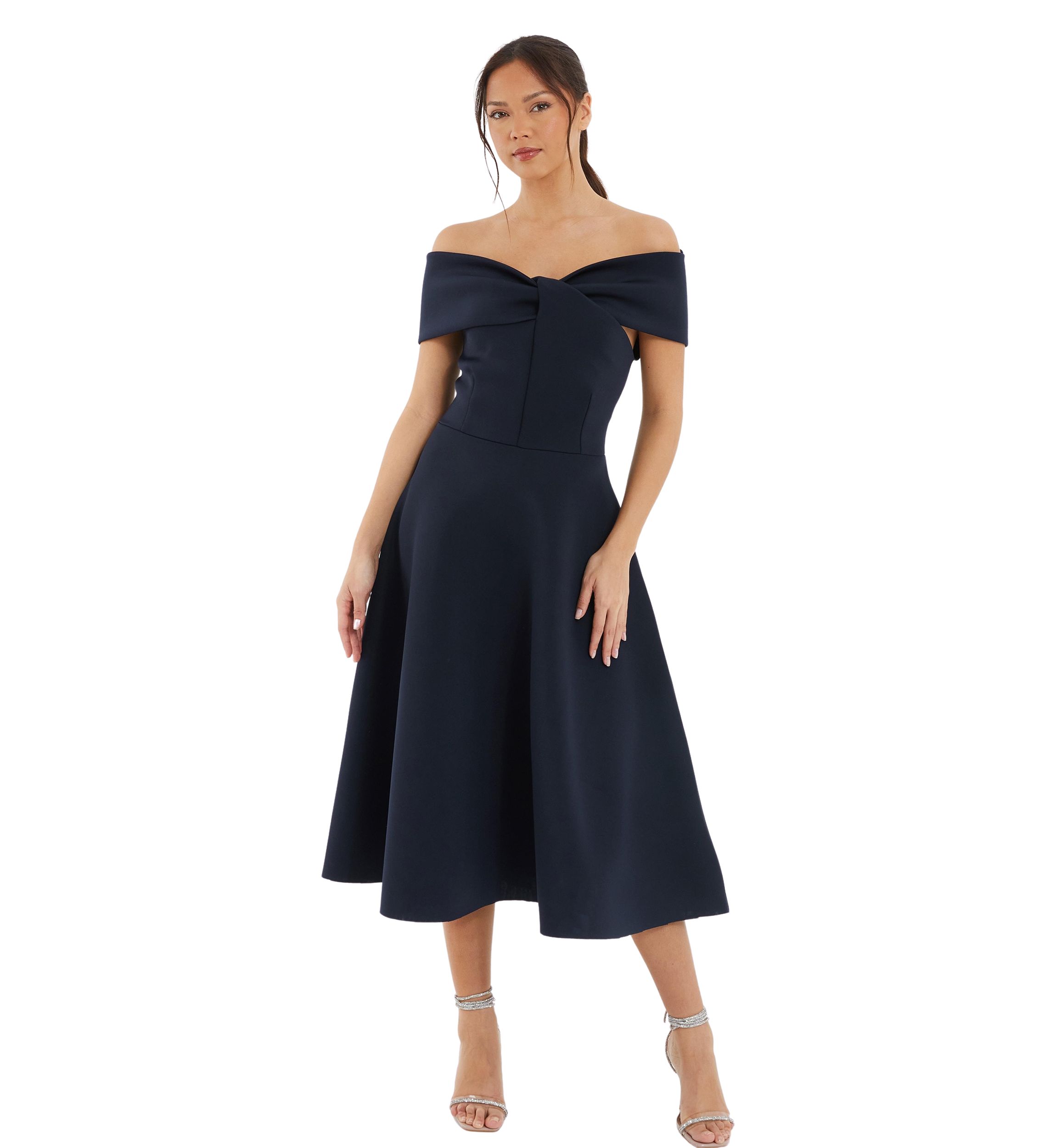 Womens Scuba Twist Front Bardot Skater Dress
