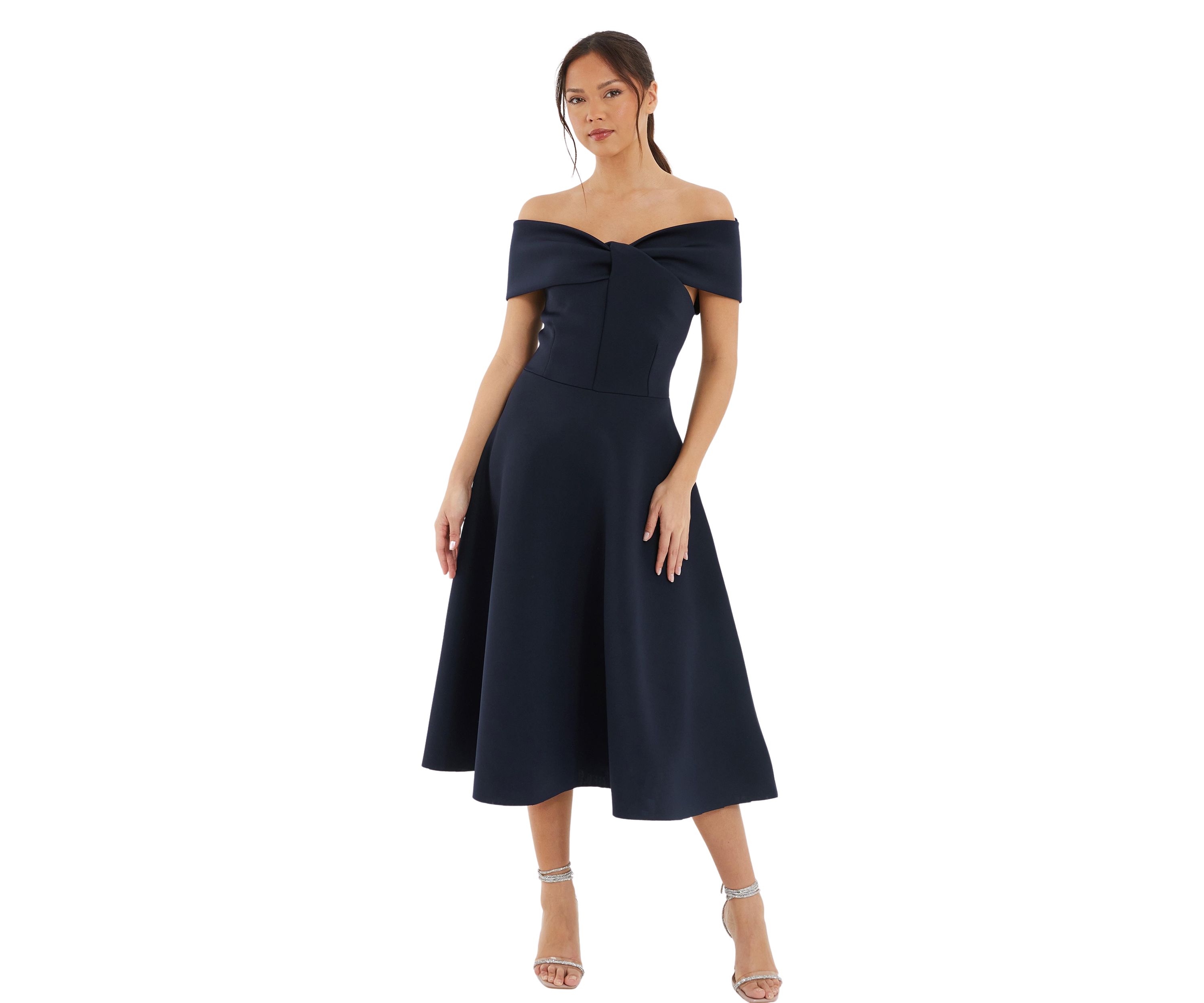 Womens Scuba Twist Front Bardot Skater Dress