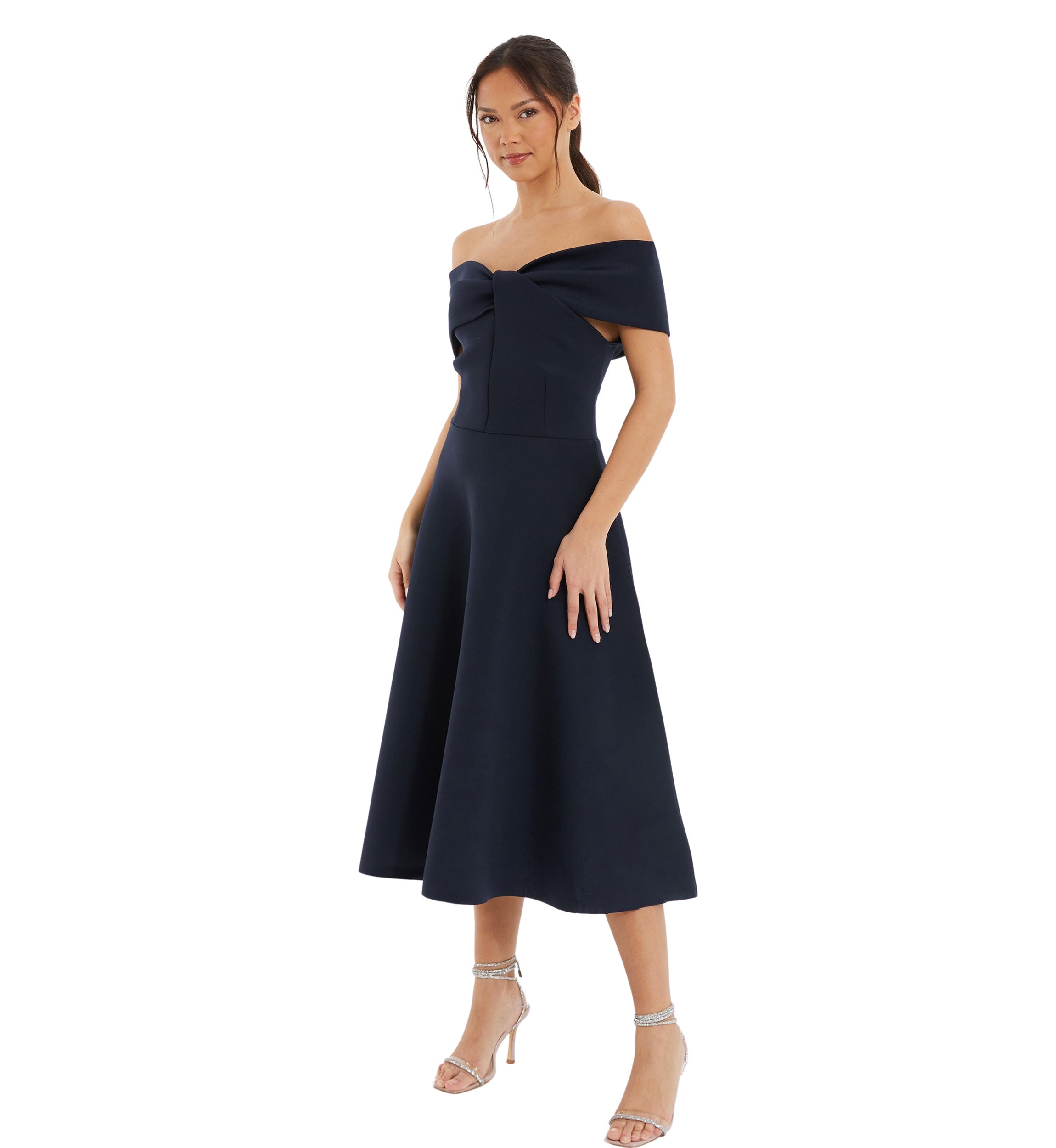 Womens Scuba Twist Front Bardot Skater Dress