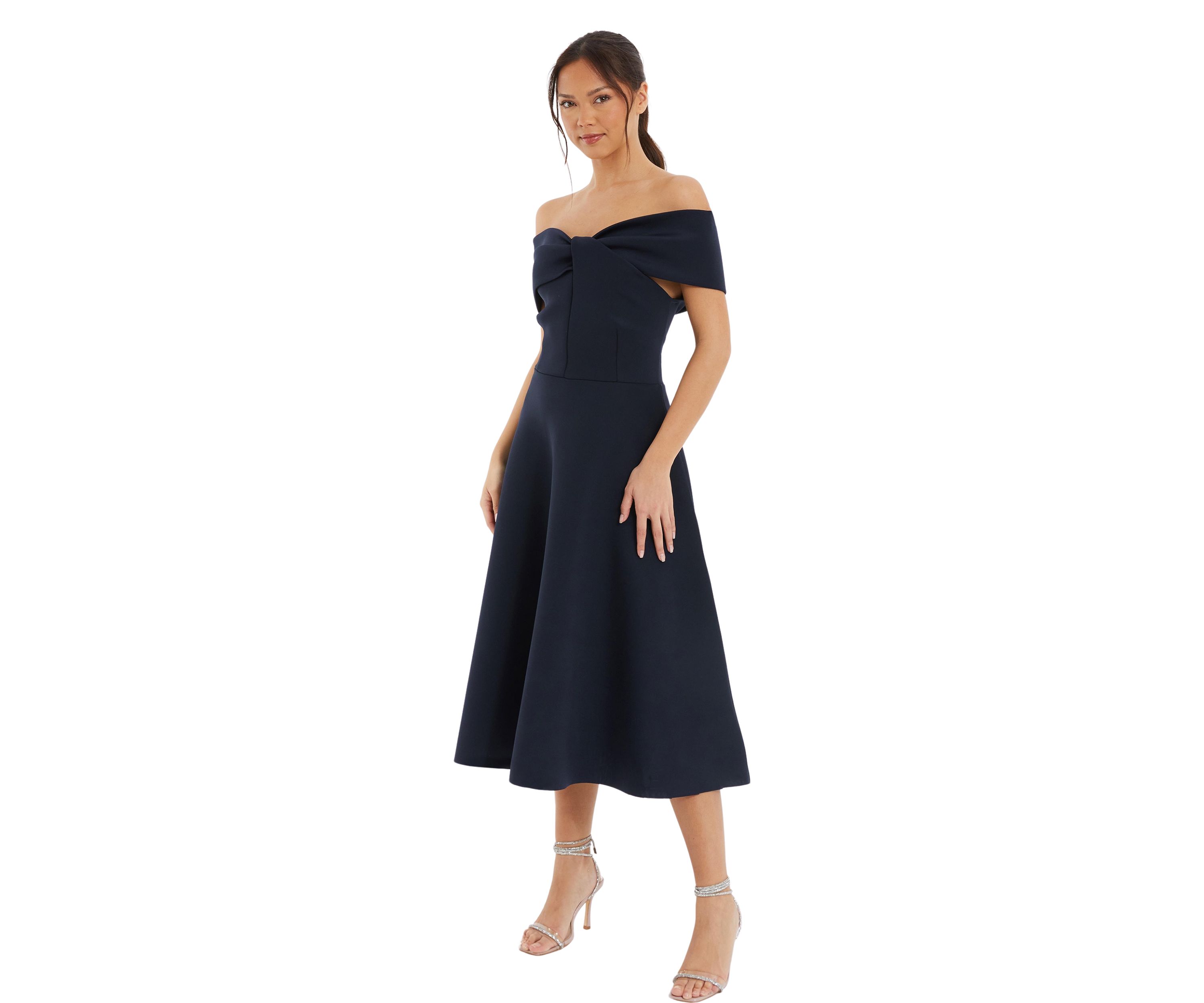 Womens Scuba Twist Front Bardot Skater Dress