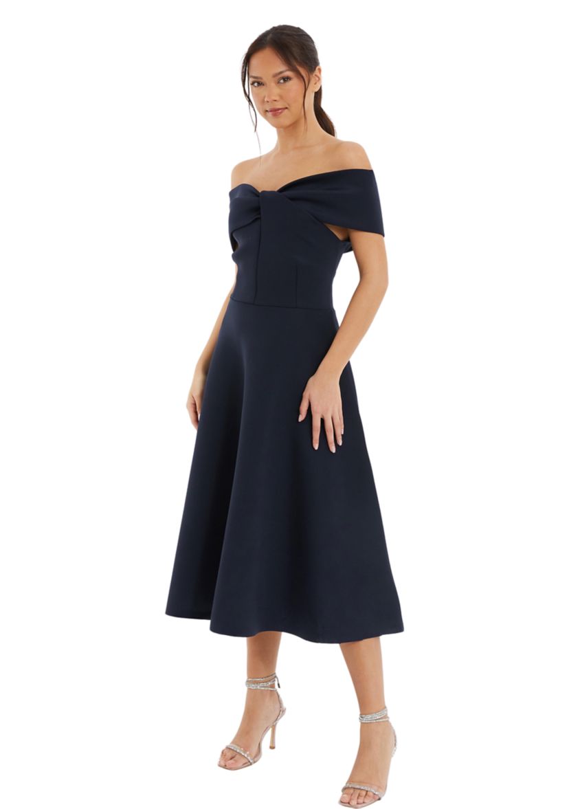 Womens Scuba Twist Front Bardot Skater Dress