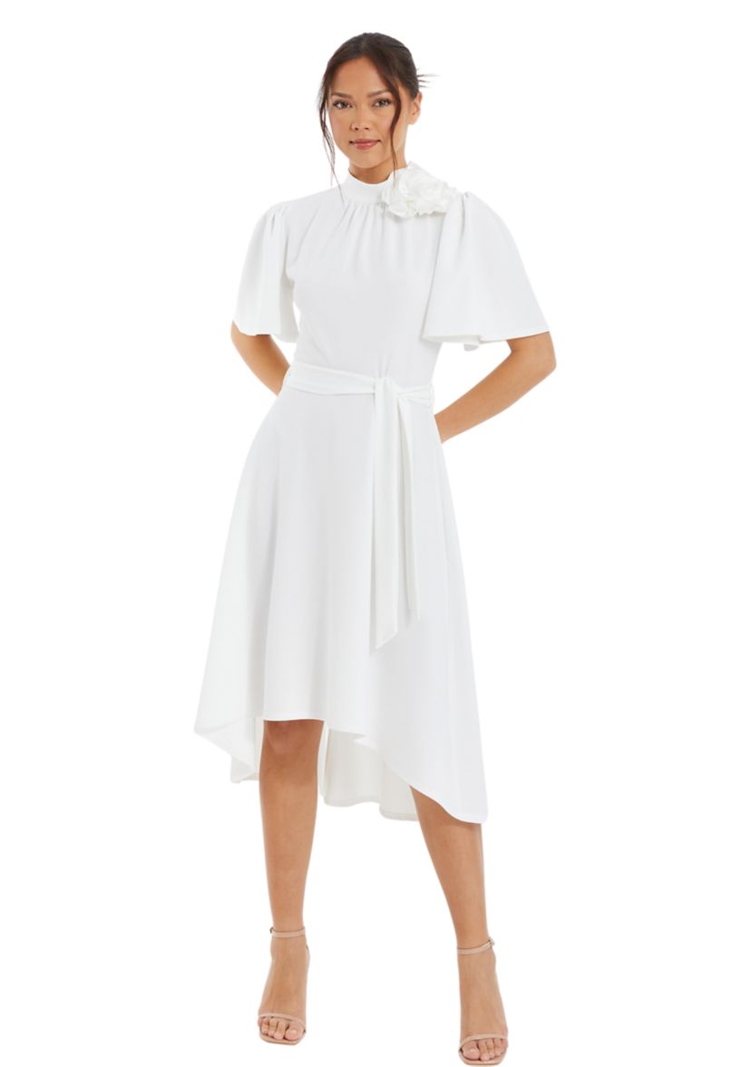 Womens Scuba Crepe Flower Detail Dip Hem Dress