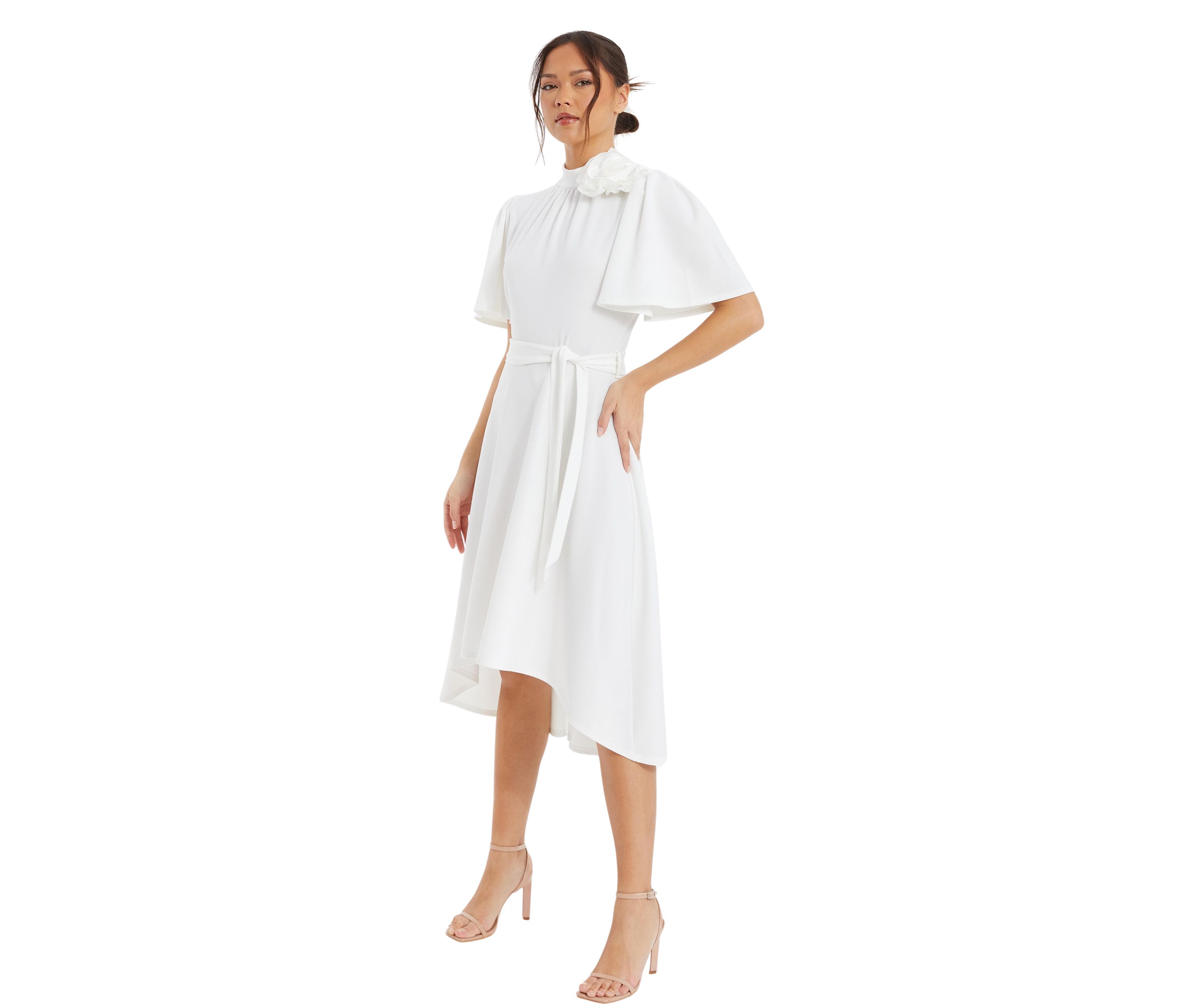 Womens Scuba Crepe Flower Detail Dip Hem Dress