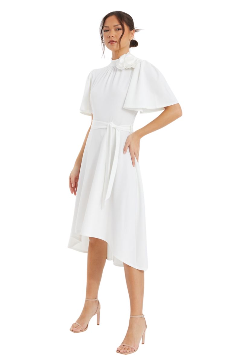 Womens Scuba Crepe Flower Detail Dip Hem Dress
