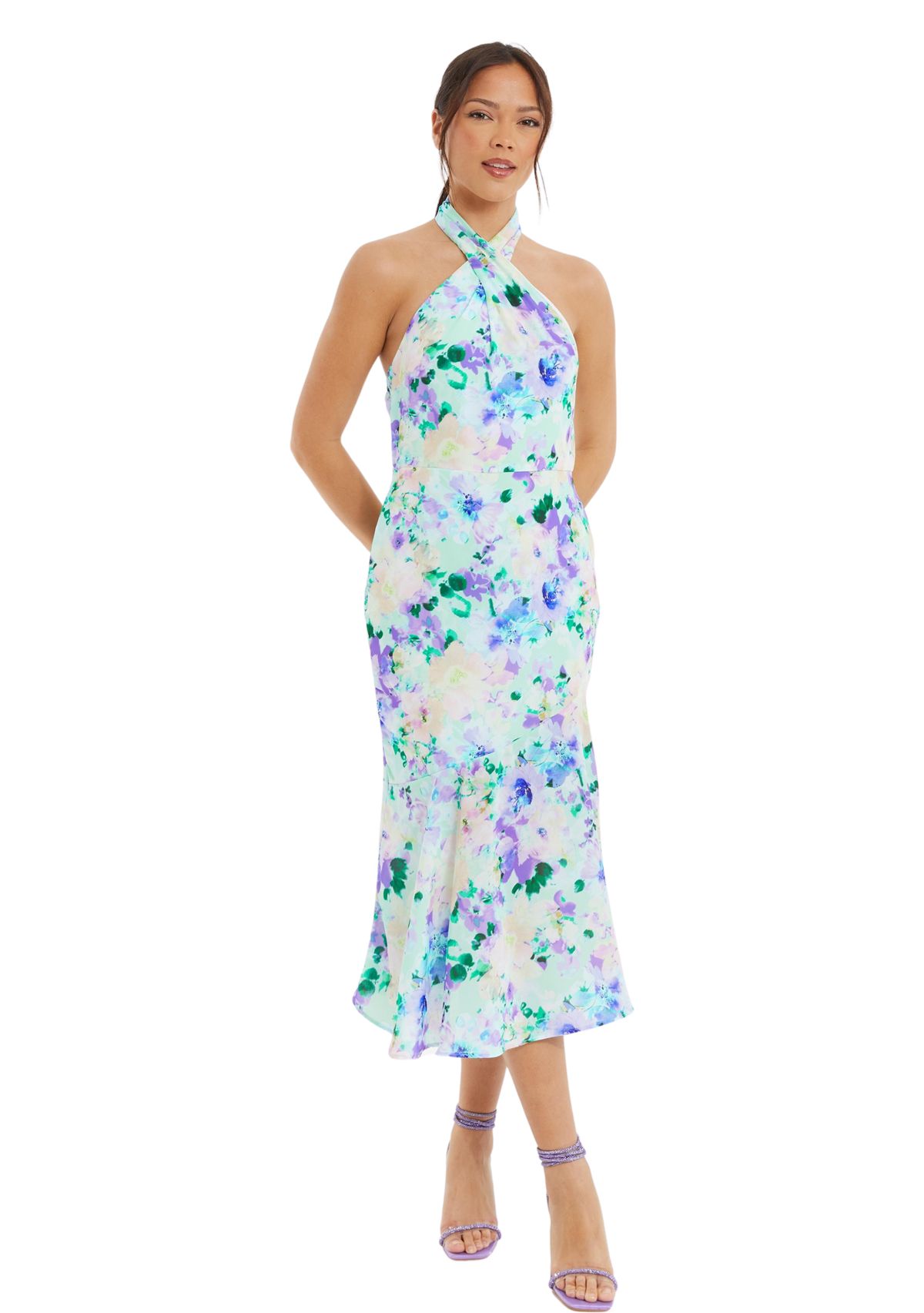 Womens Floral Crepe Halter Neck Midi Dress