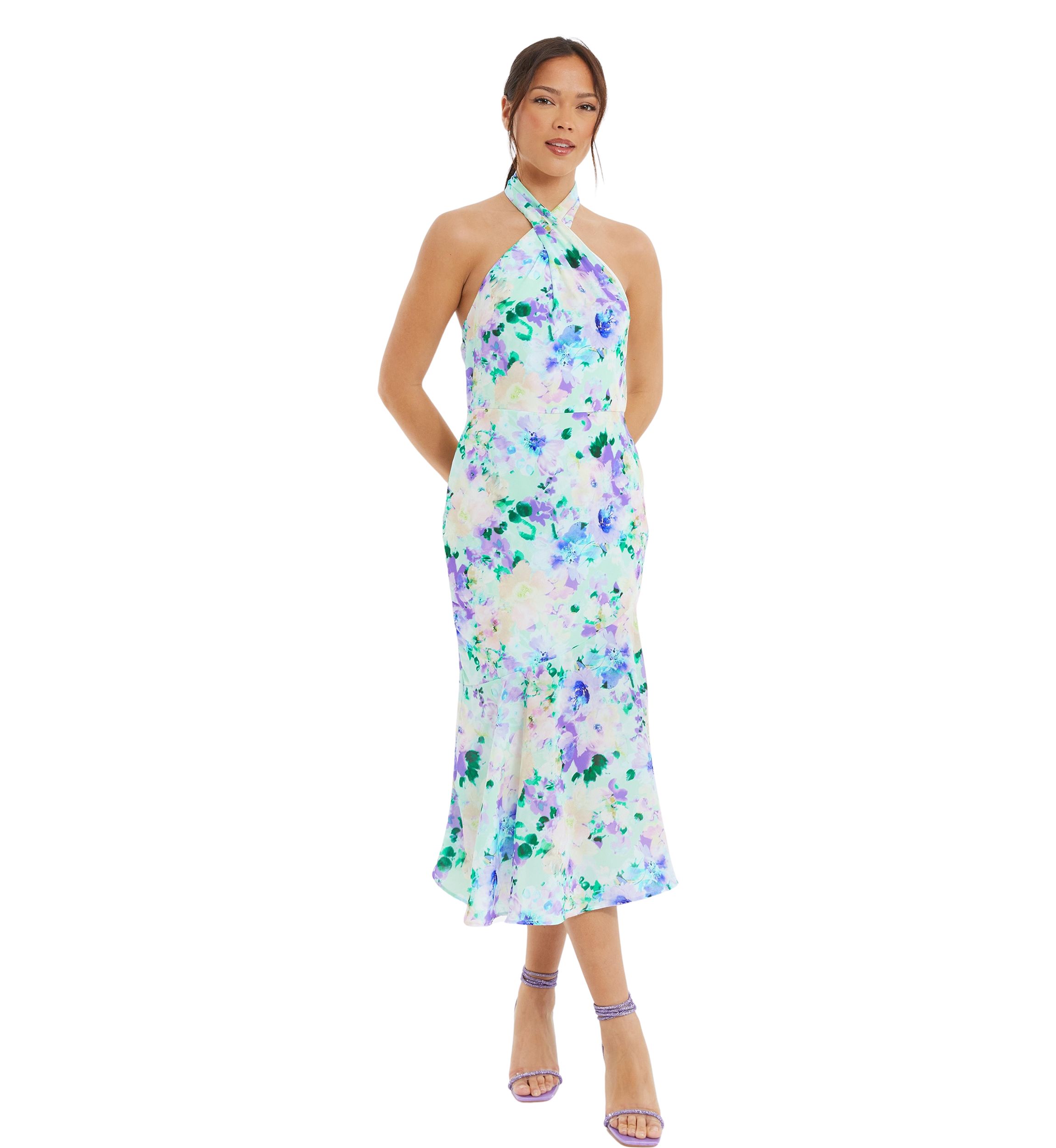 Womens Floral Crepe Halter Neck Midi Dress