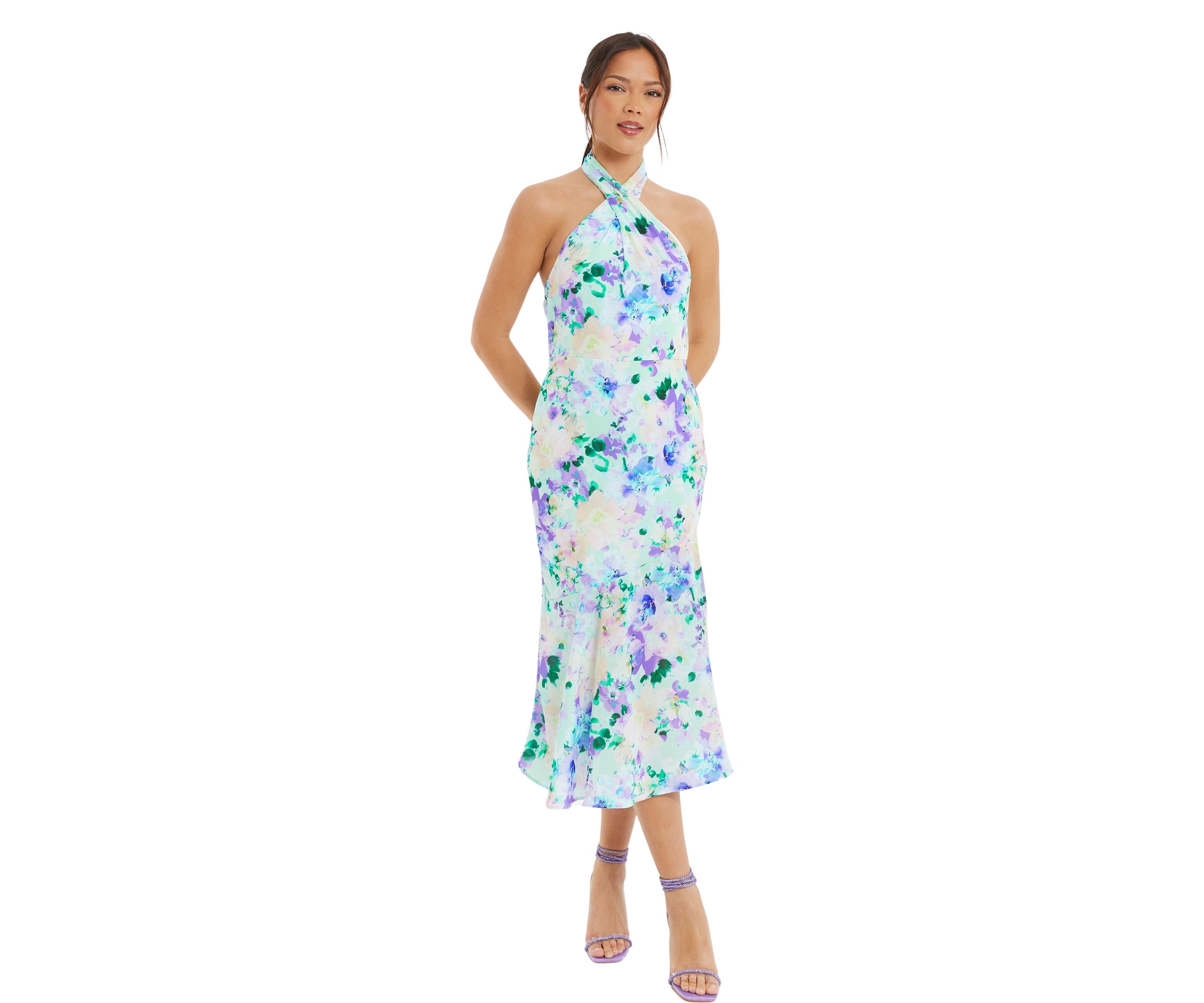 Womens Floral Crepe Halter Neck Midi Dress