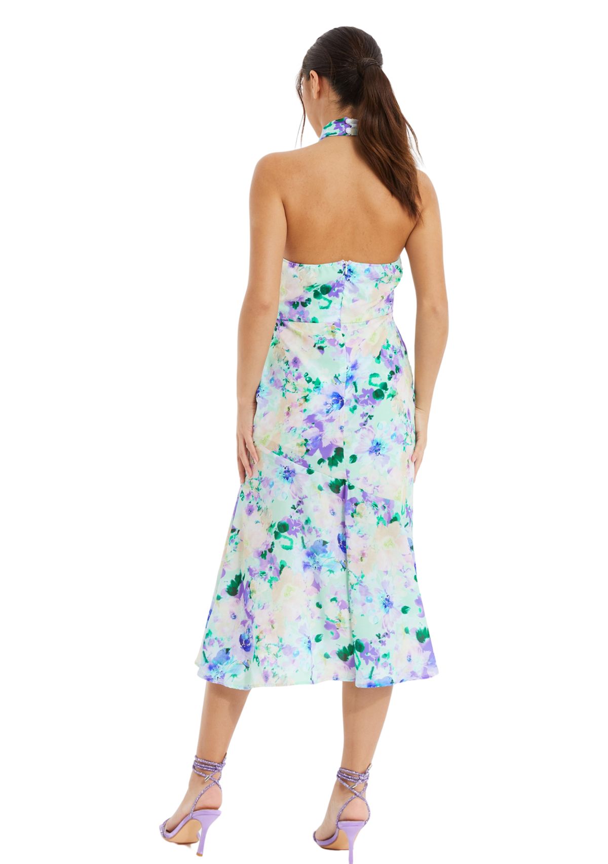 Womens Floral Crepe Halter Neck Midi Dress