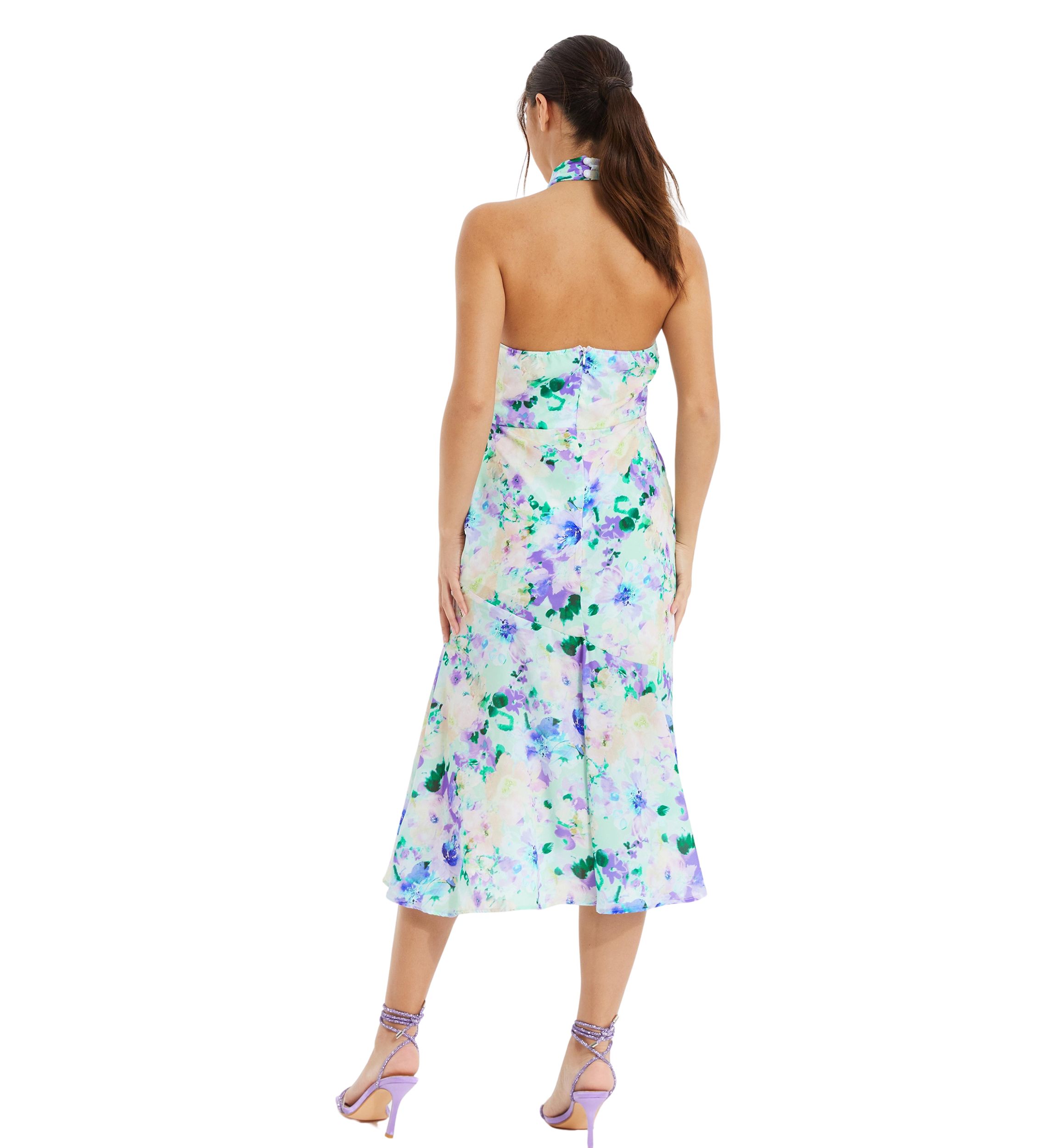 Womens Floral Crepe Halter Neck Midi Dress