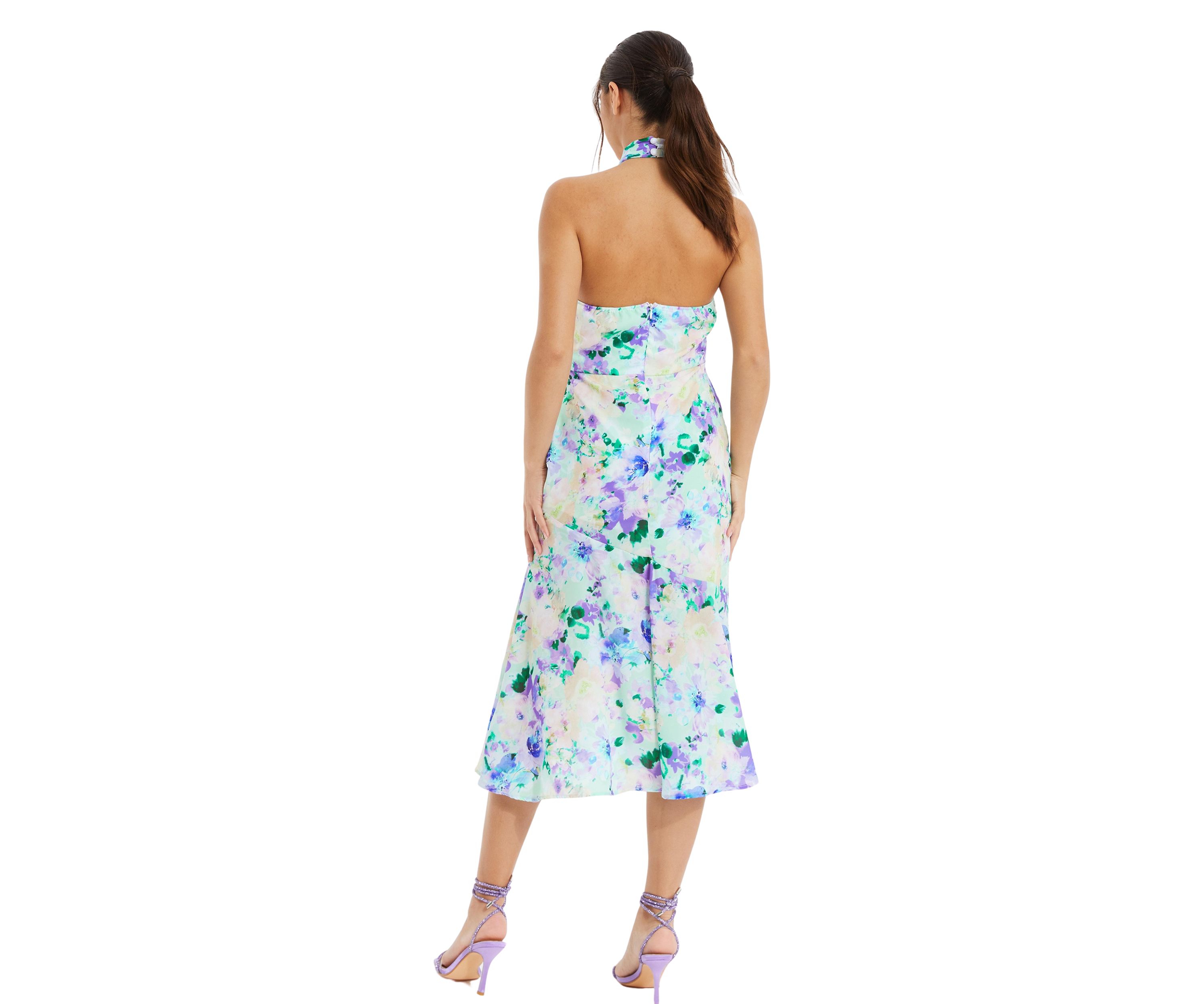 Womens Floral Crepe Halter Neck Midi Dress