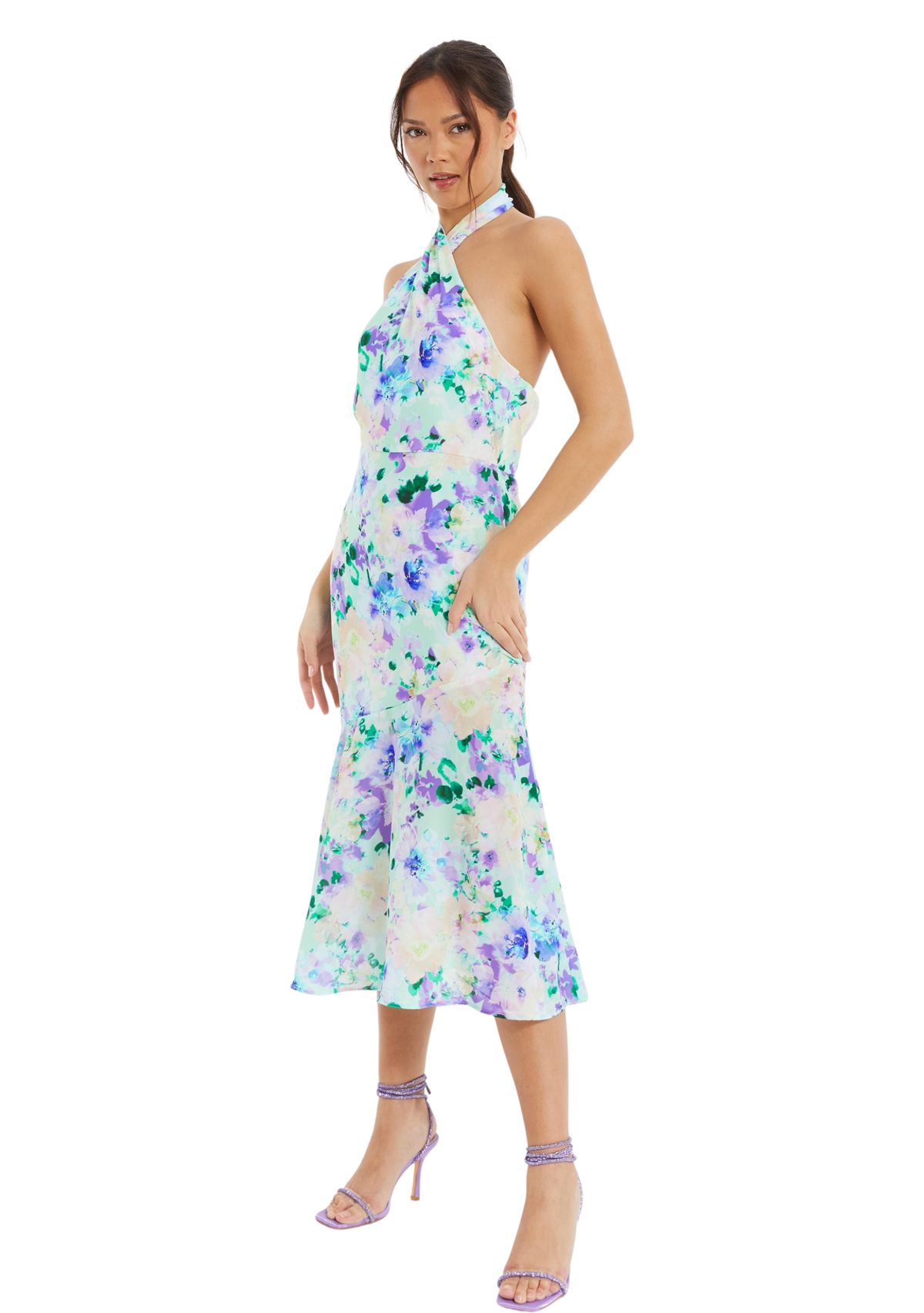 Womens Floral Crepe Halter Neck Midi Dress