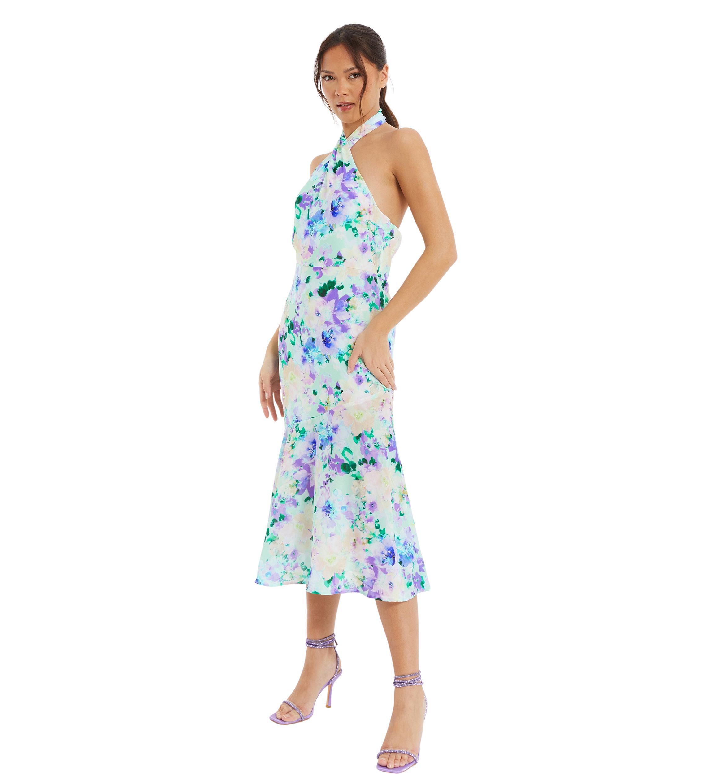 Womens Floral Crepe Halter Neck Midi Dress