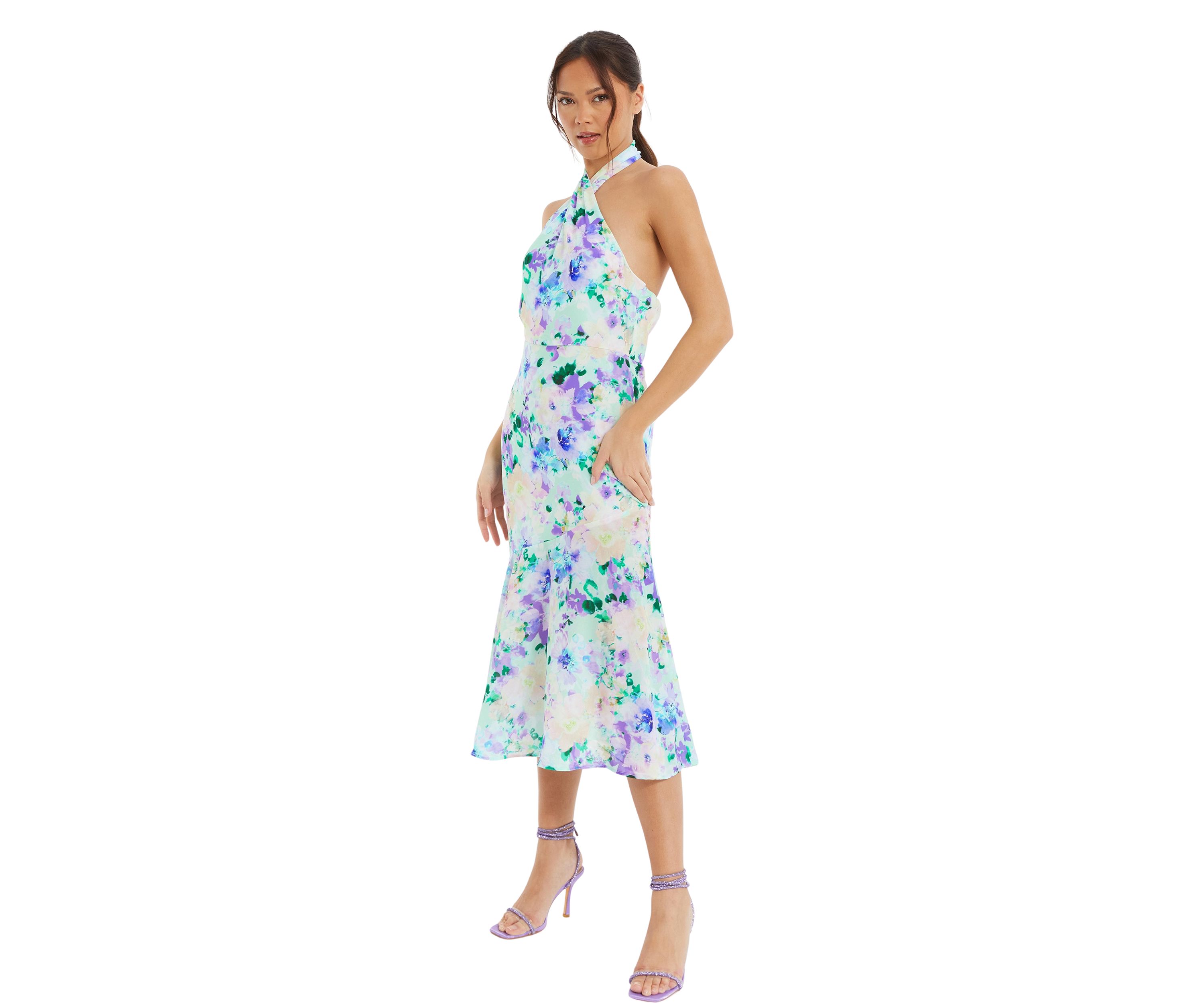 Womens Floral Crepe Halter Neck Midi Dress