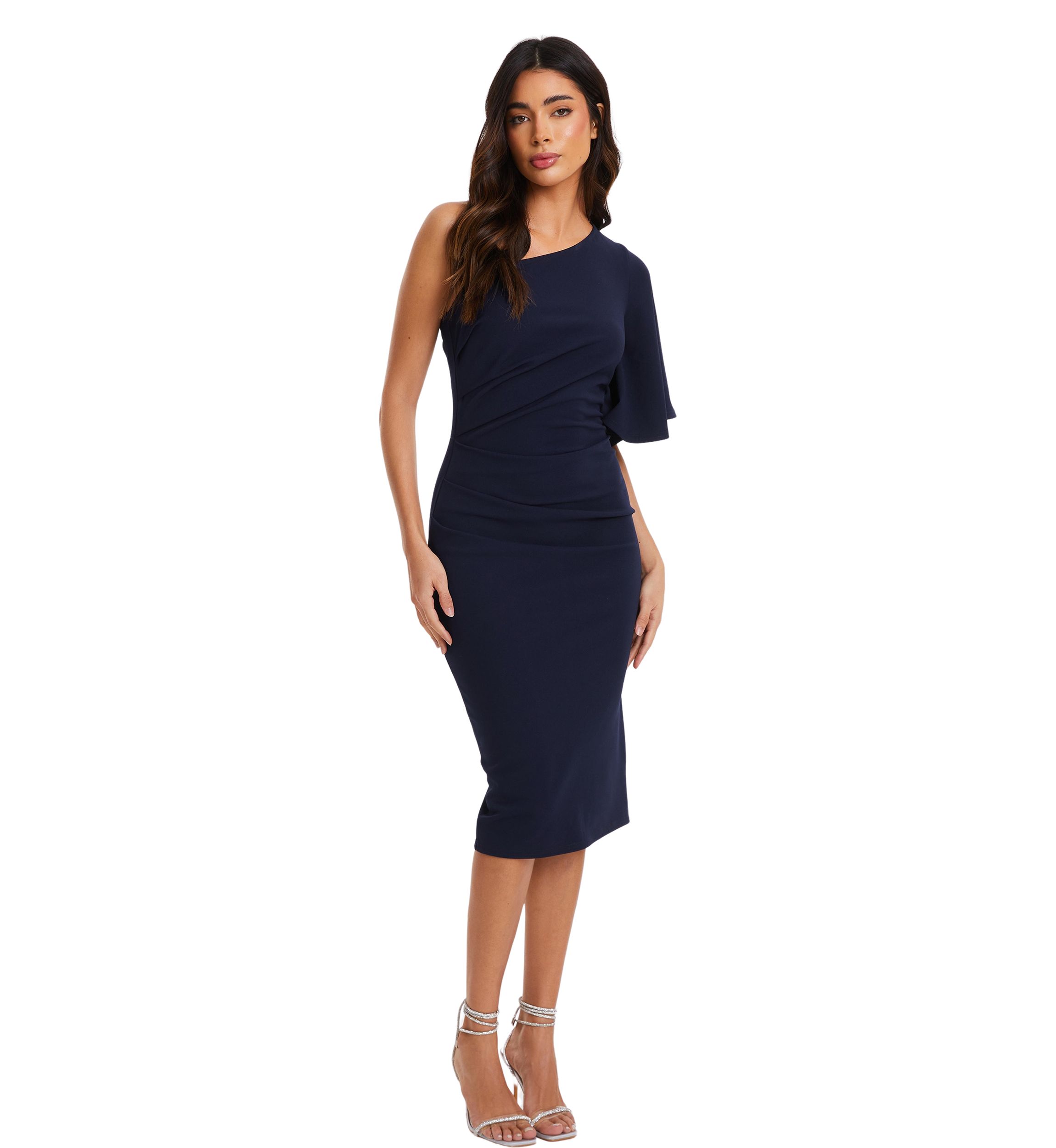 Womens Scuba Crepe One Shoulder Ruched Midi Dress