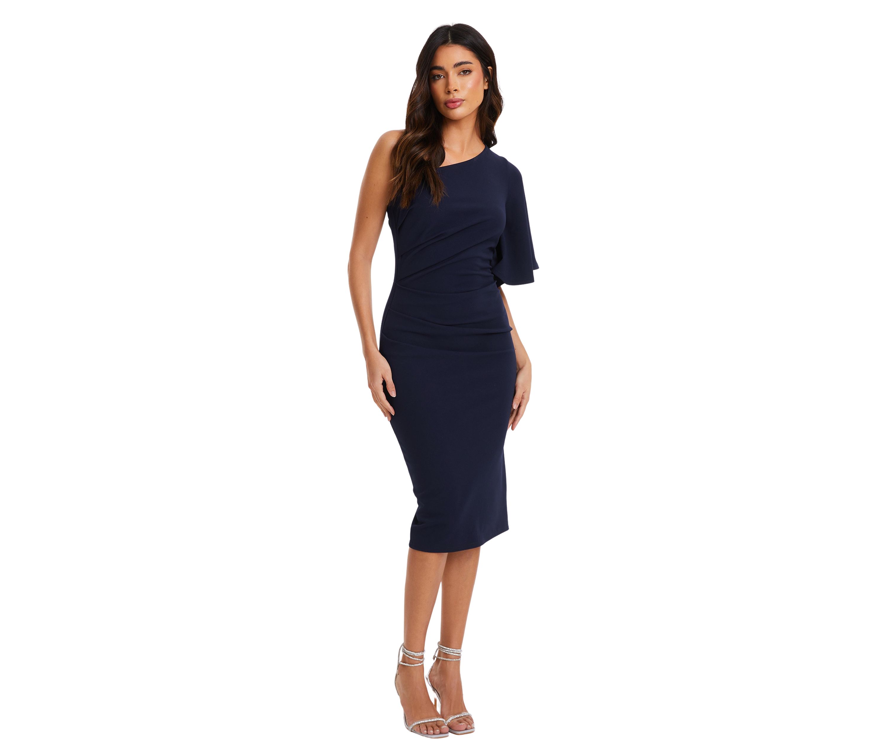 Womens Scuba Crepe One Shoulder Ruched Midi Dress