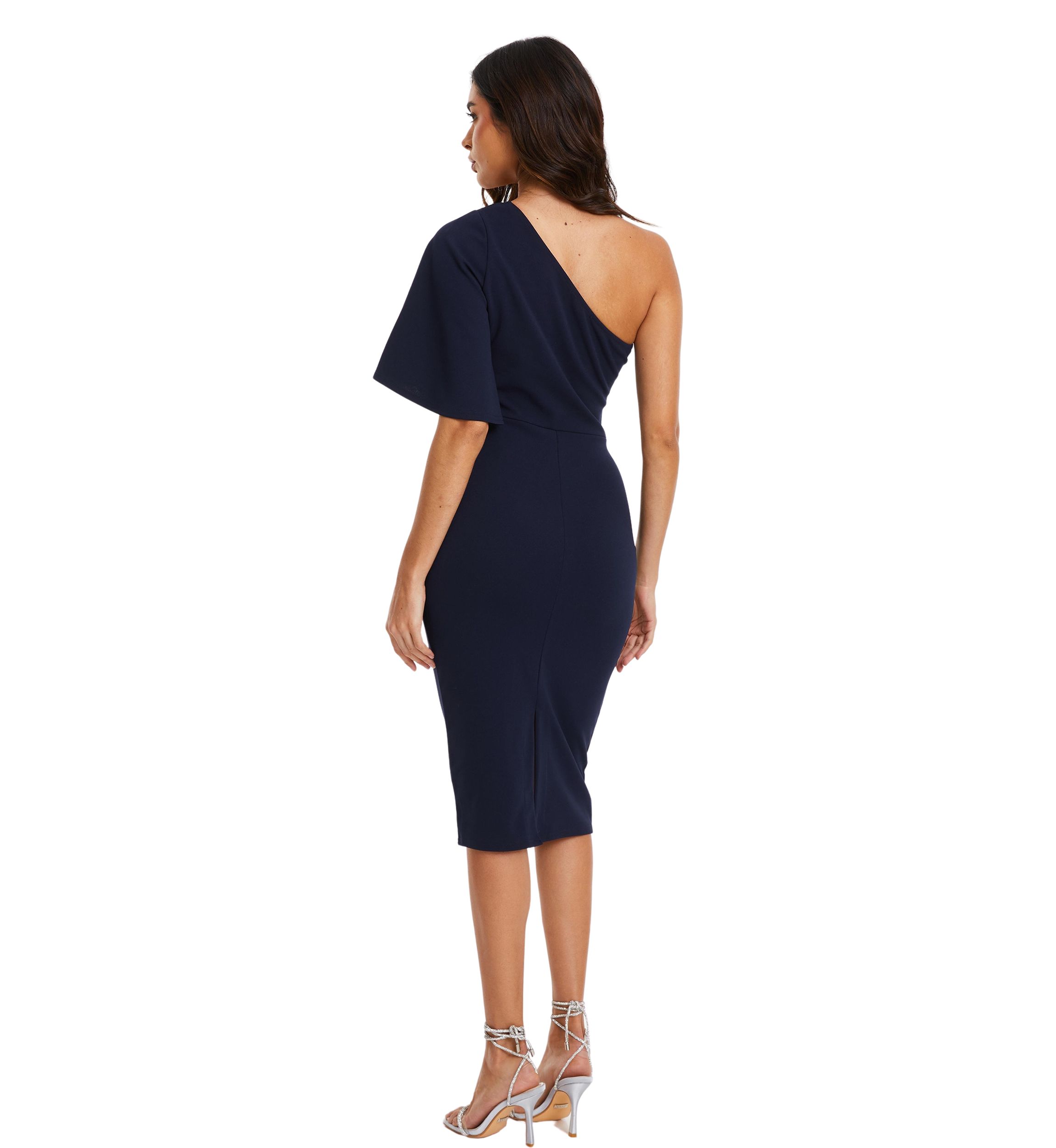 Womens Scuba Crepe One Shoulder Ruched Midi Dress