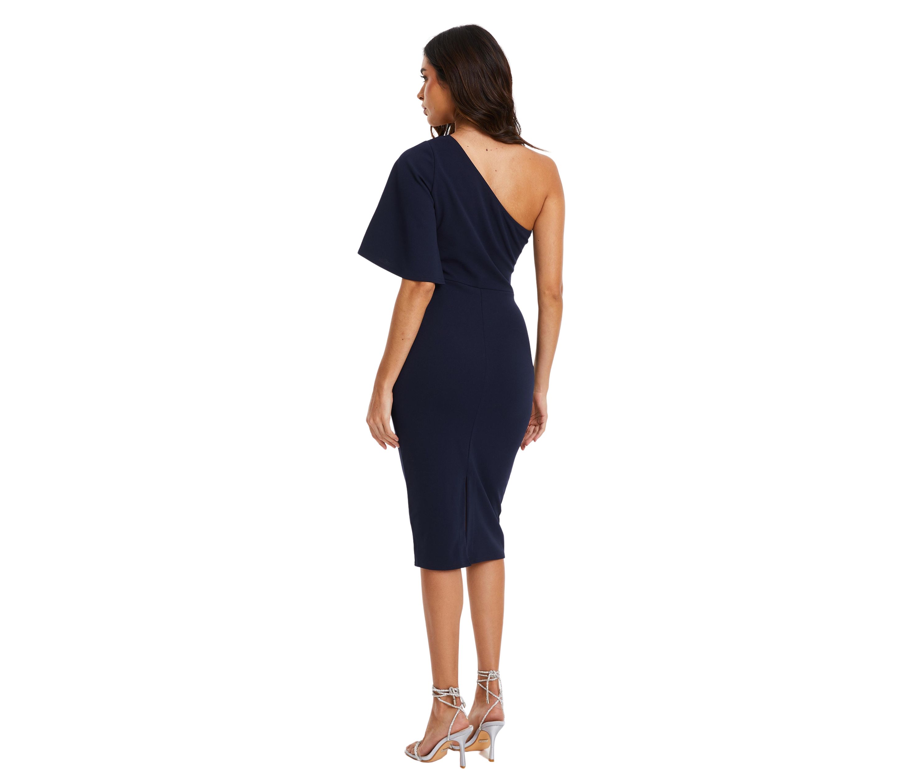 Womens Scuba Crepe One Shoulder Ruched Midi Dress