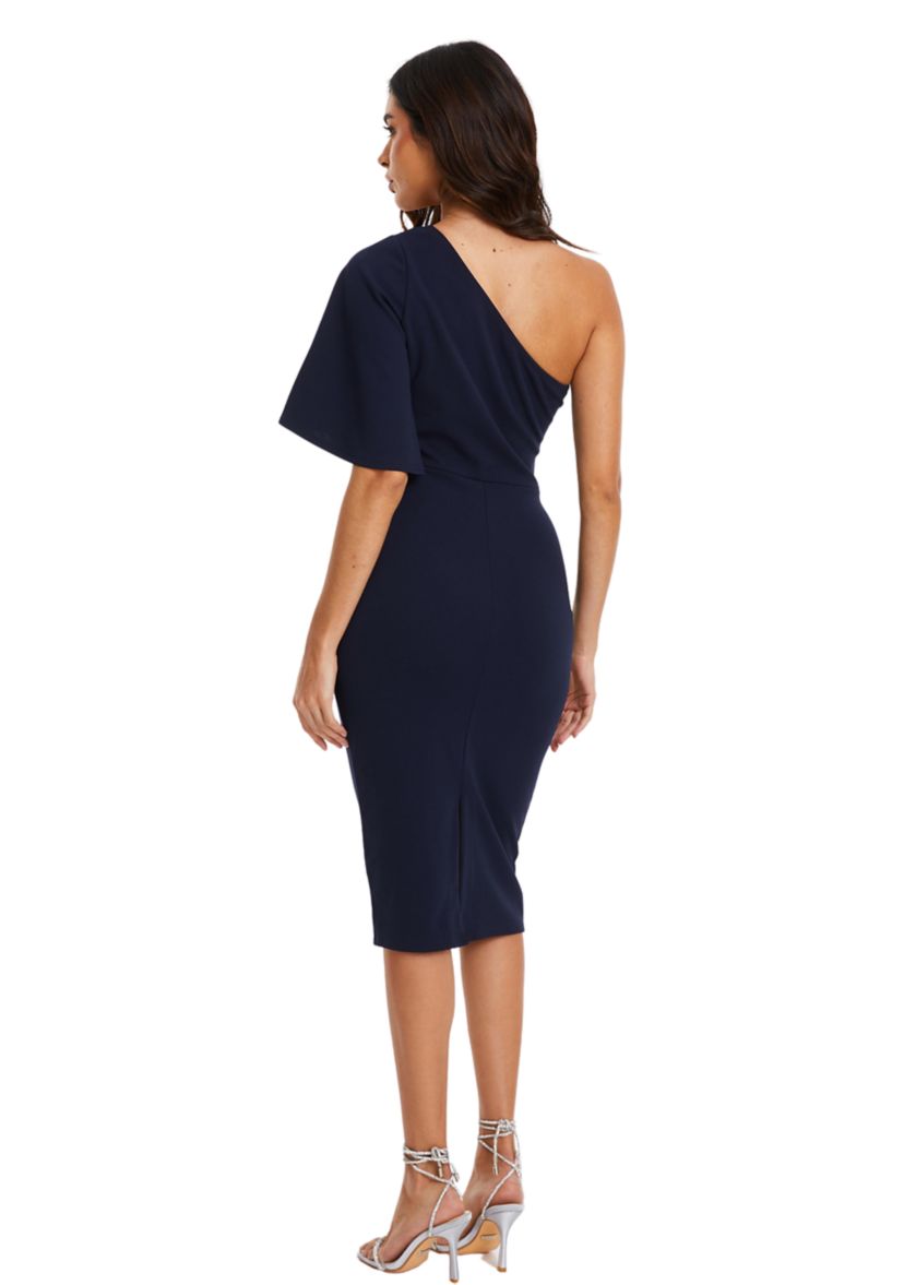 Womens Scuba Crepe One Shoulder Ruched Midi Dress