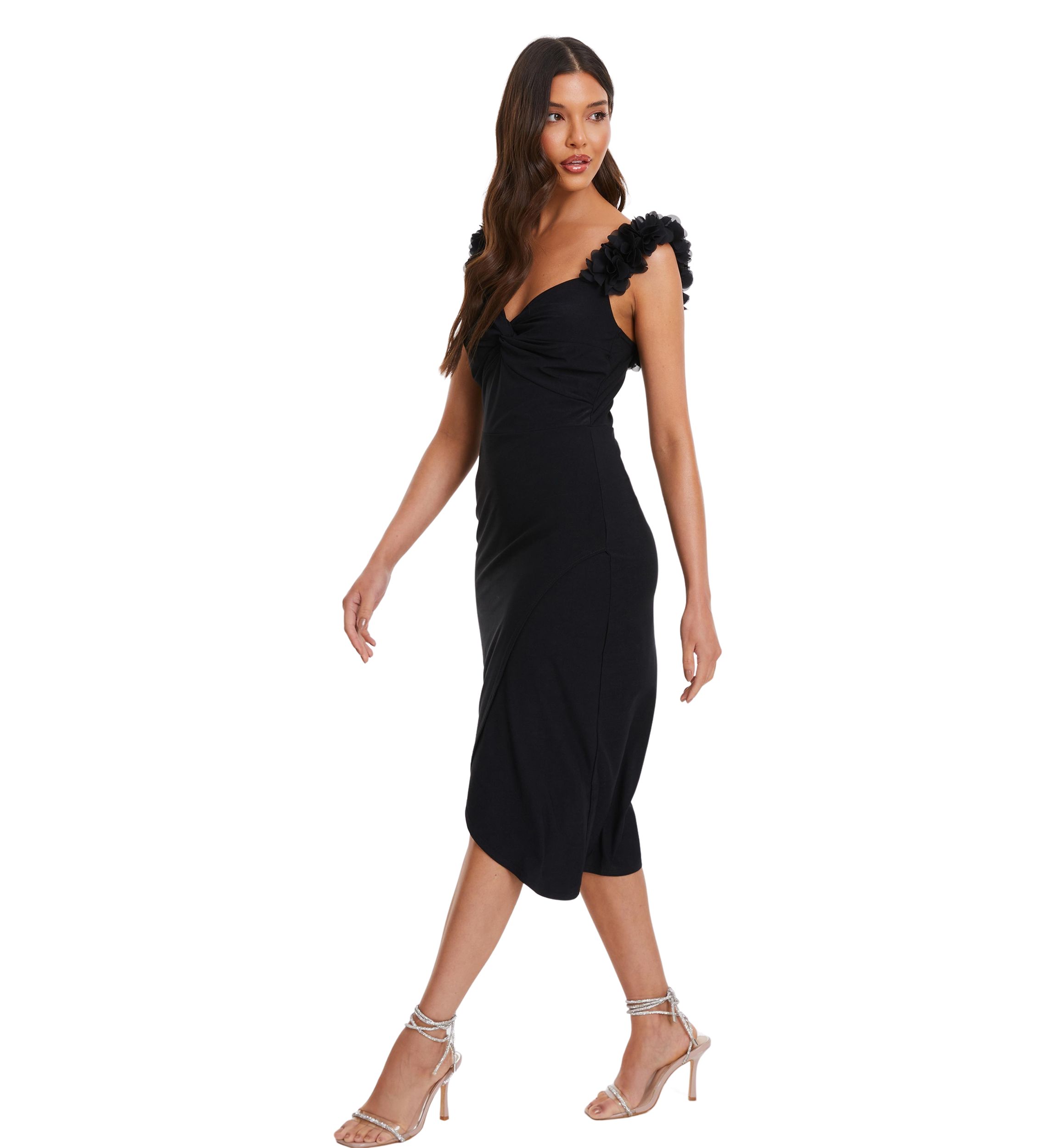 Womens Floral Trim Strap Midi Dress