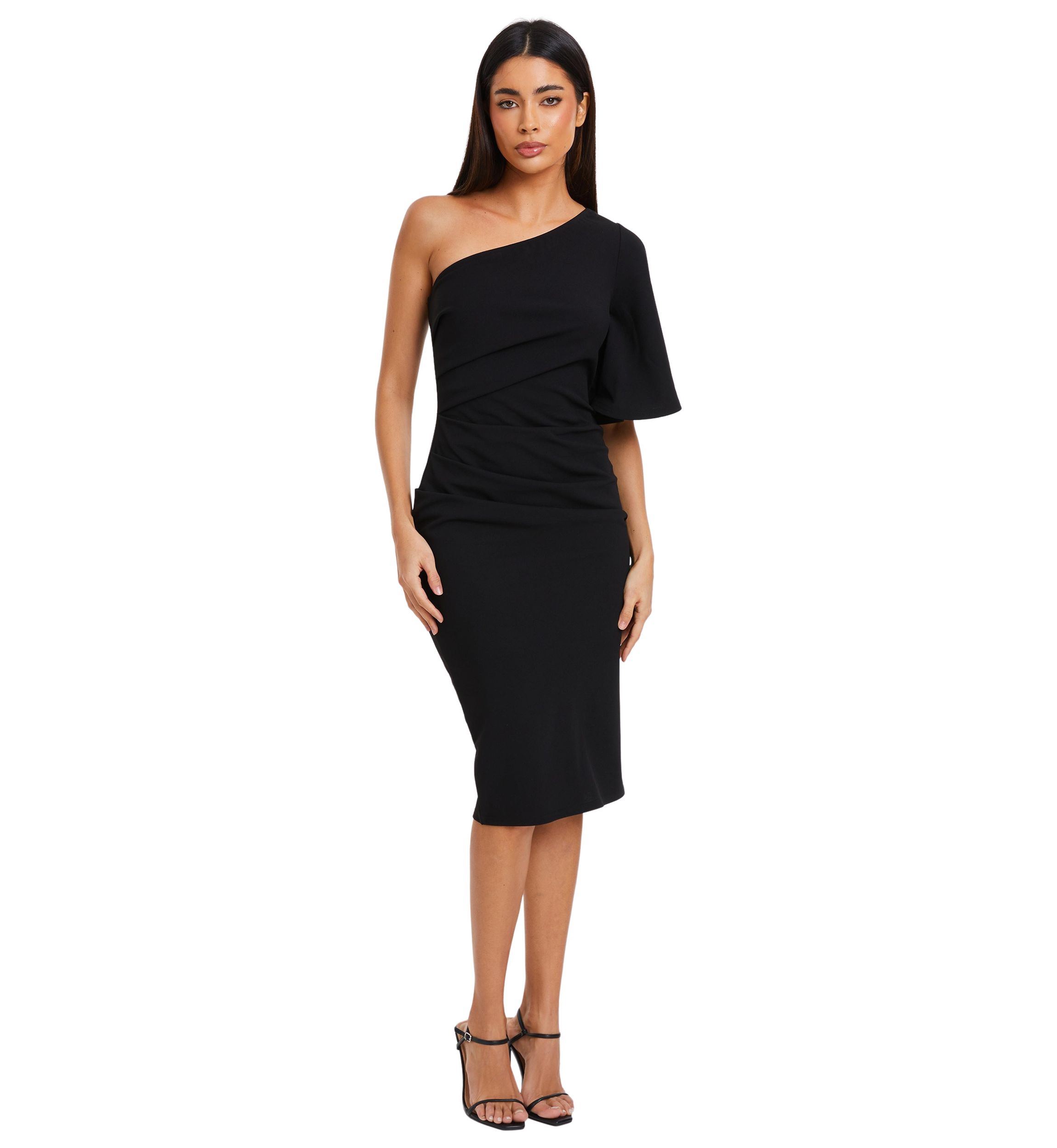 Womens One Shoulder Solid Midi Sheath Dress